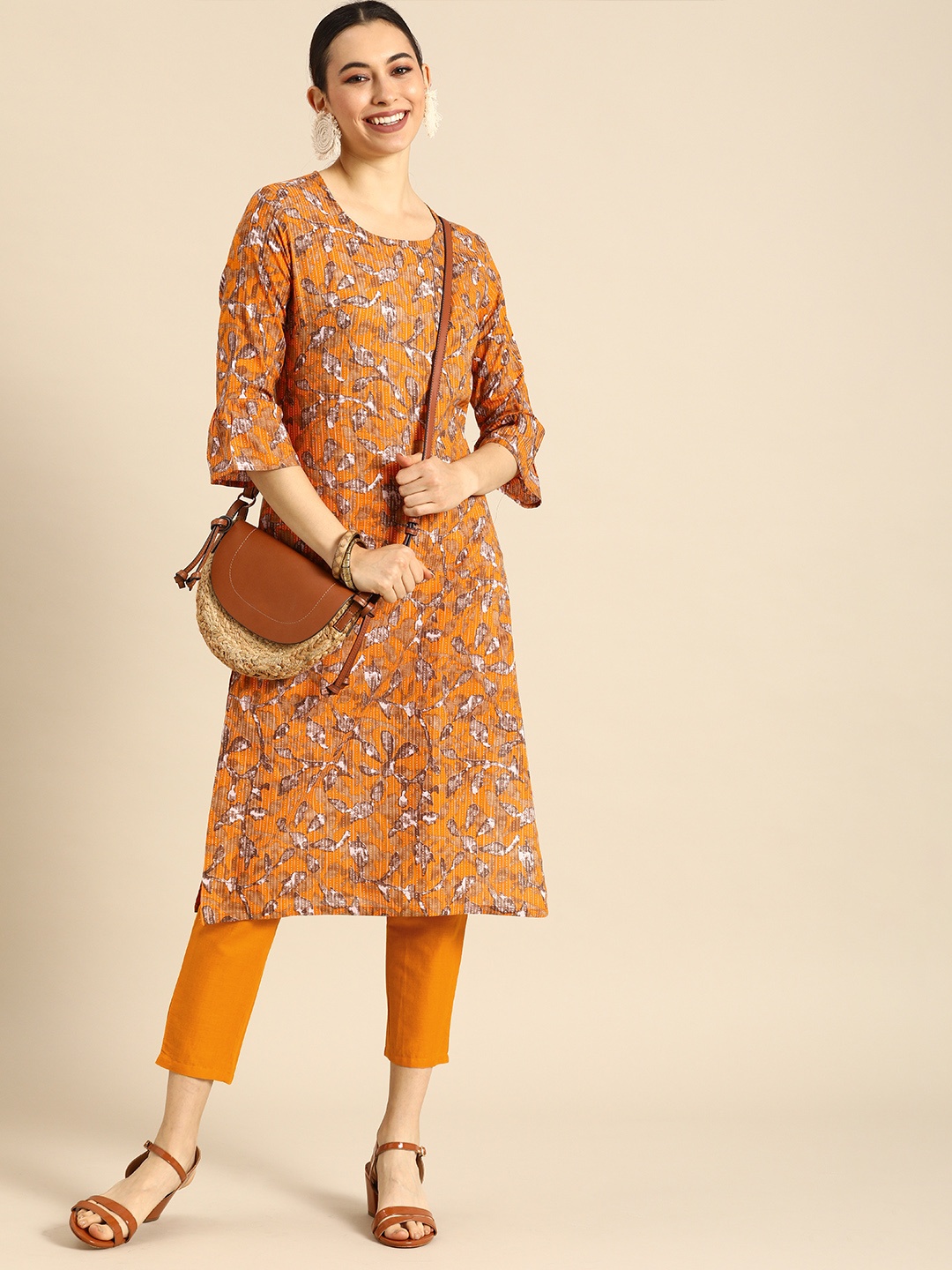 

Anouk Women Mustard Yellow Printed Regular Pure Cotton Kurta with Trousers