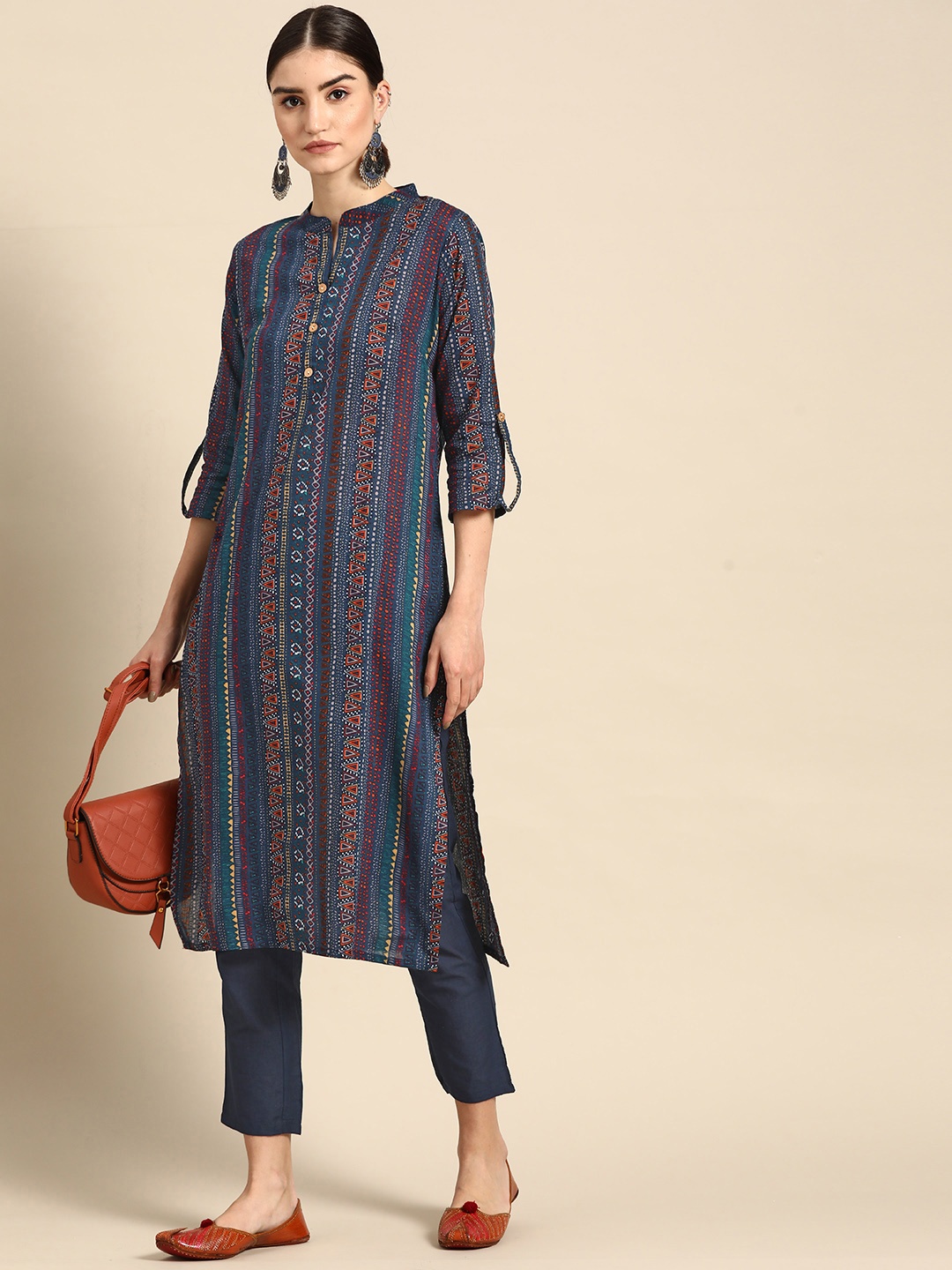 

Anouk Women Navy Blue Printed Pure Cotton Kurta with Trousers