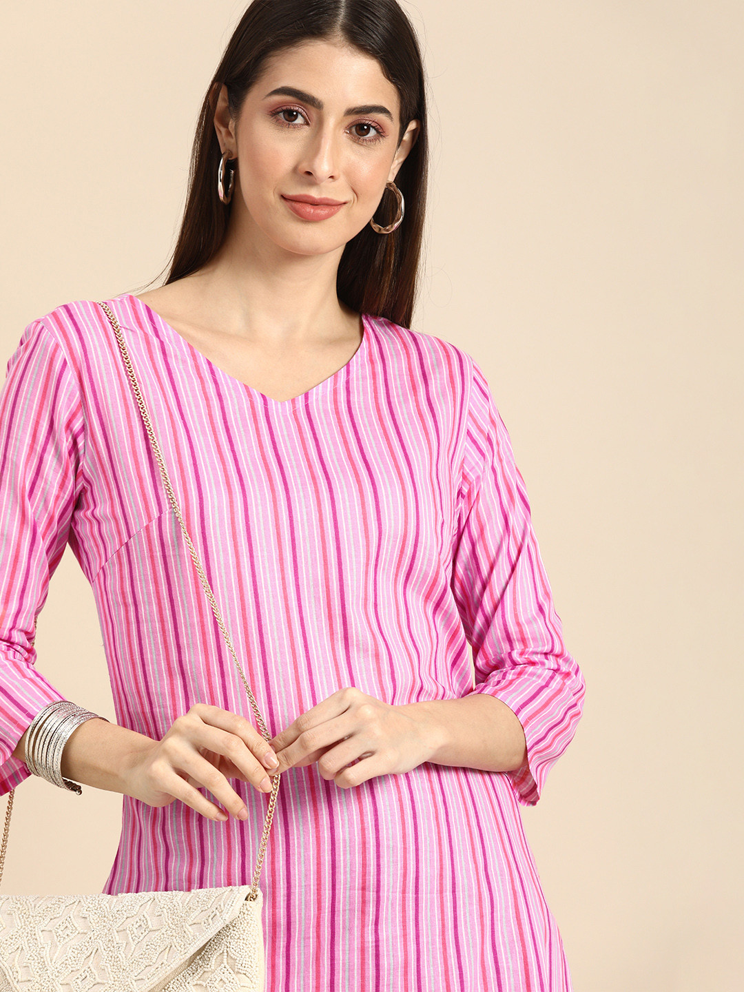 

Anouk Women Pink & White Striped Kurta