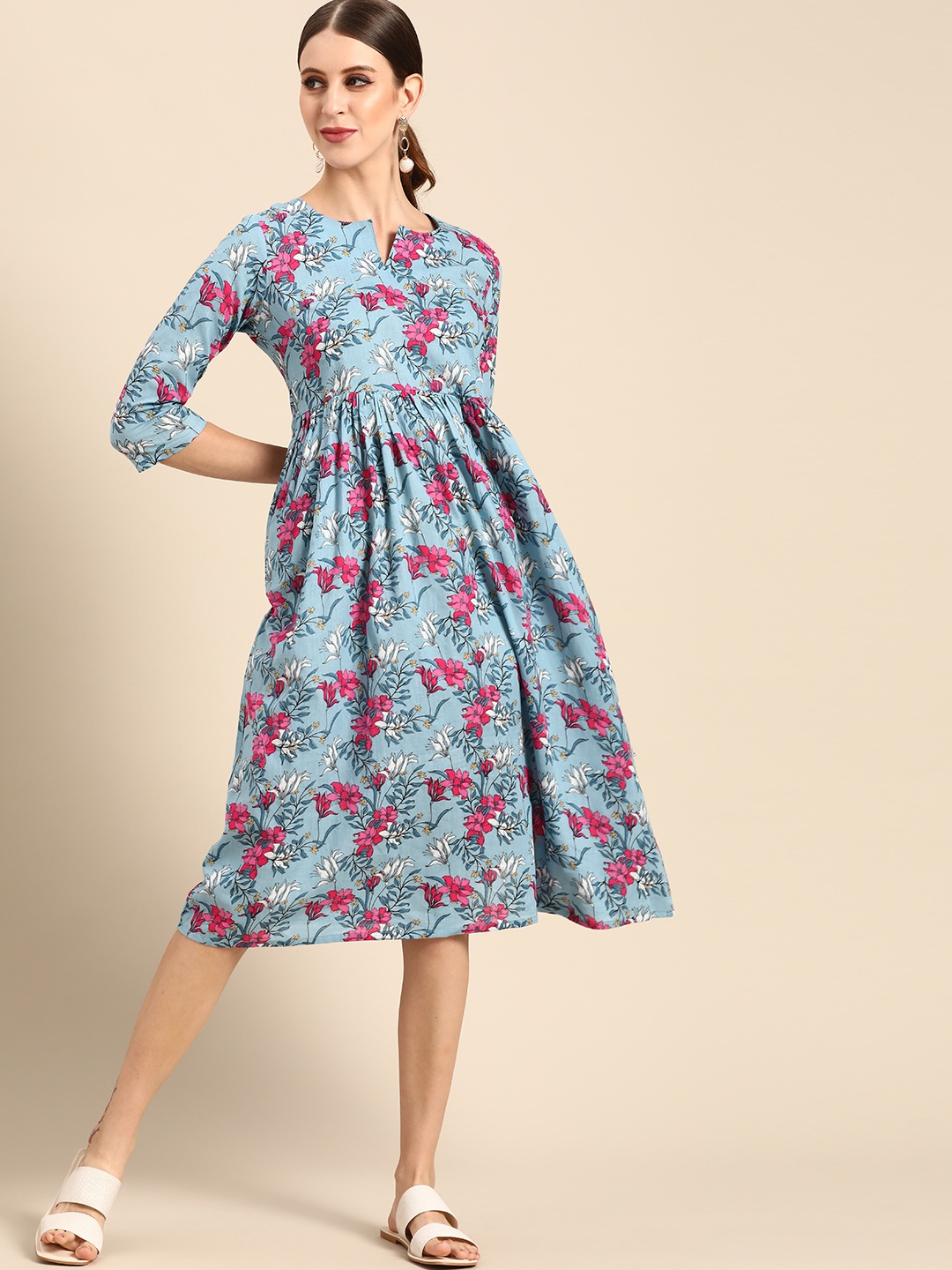 

Anouk Women Blue & Pink Floral Print Pure Cotton Ethnic A-Line Midi Dress