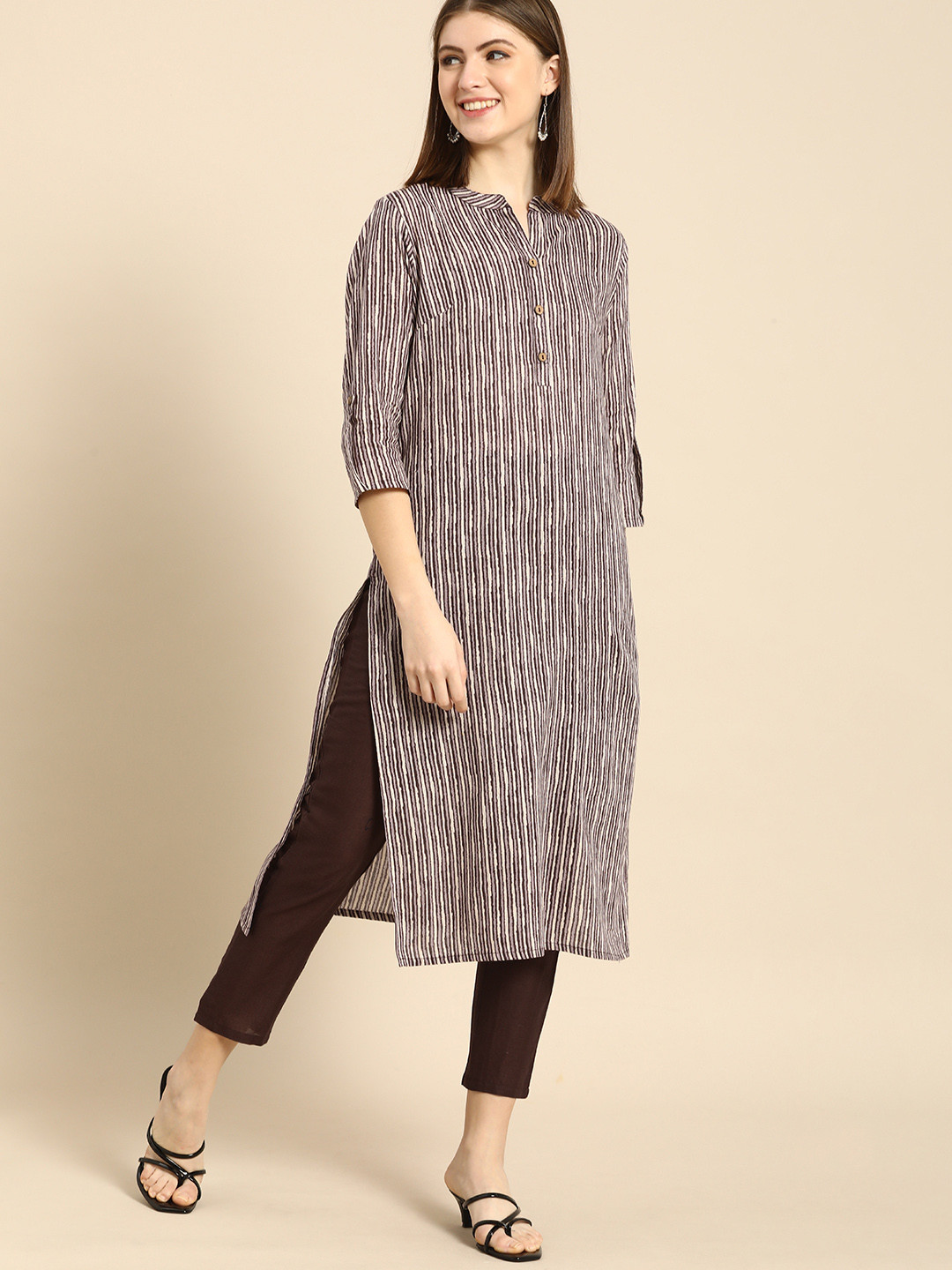 

Anouk Women Brown & Beige Striped Kurta with Trousers