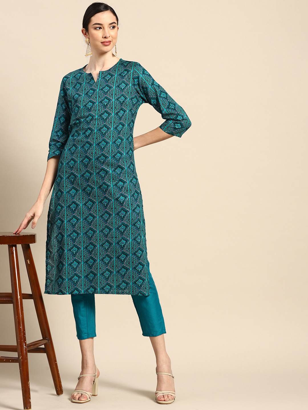 

Anouk Women Green & Black Ethnic Motifs Printed Pure Cotton Kurta with Trousers