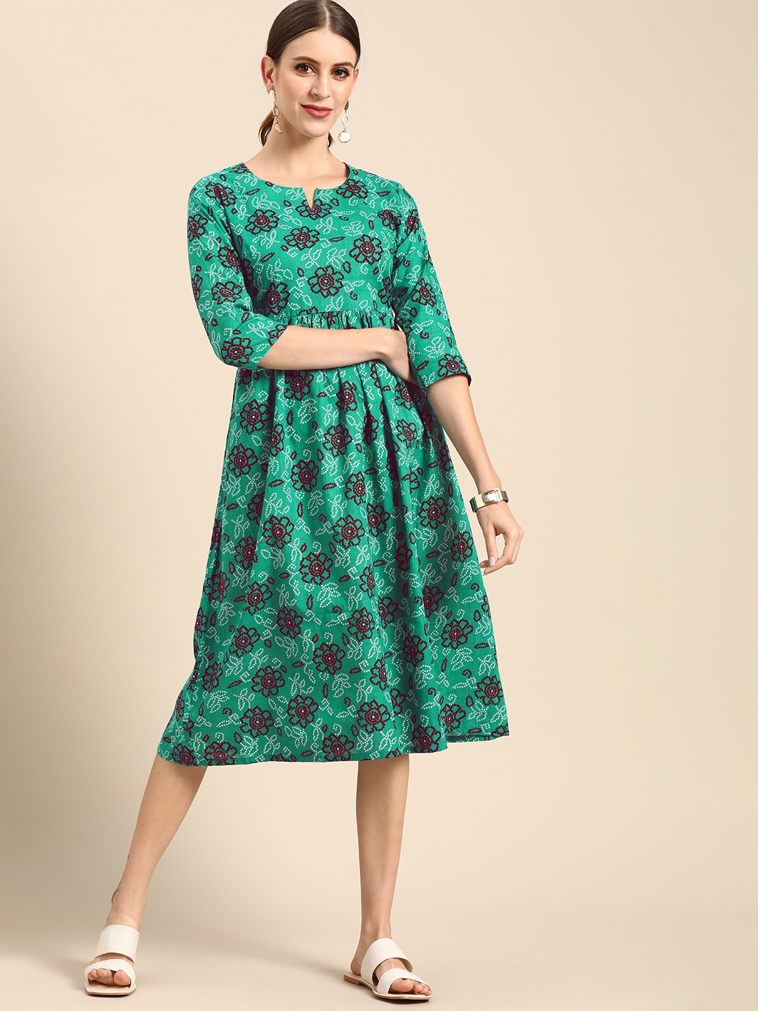 

Anouk Women Green & Maroon Ethnic Motifs Print Pure Cotton A-Line Midi Dress