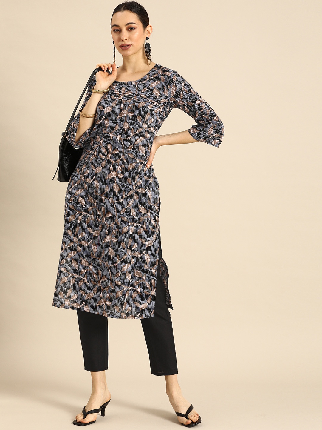 

Anouk Women Blue Printed Regular Pure Cotton Kurta with Solid Black Trousers