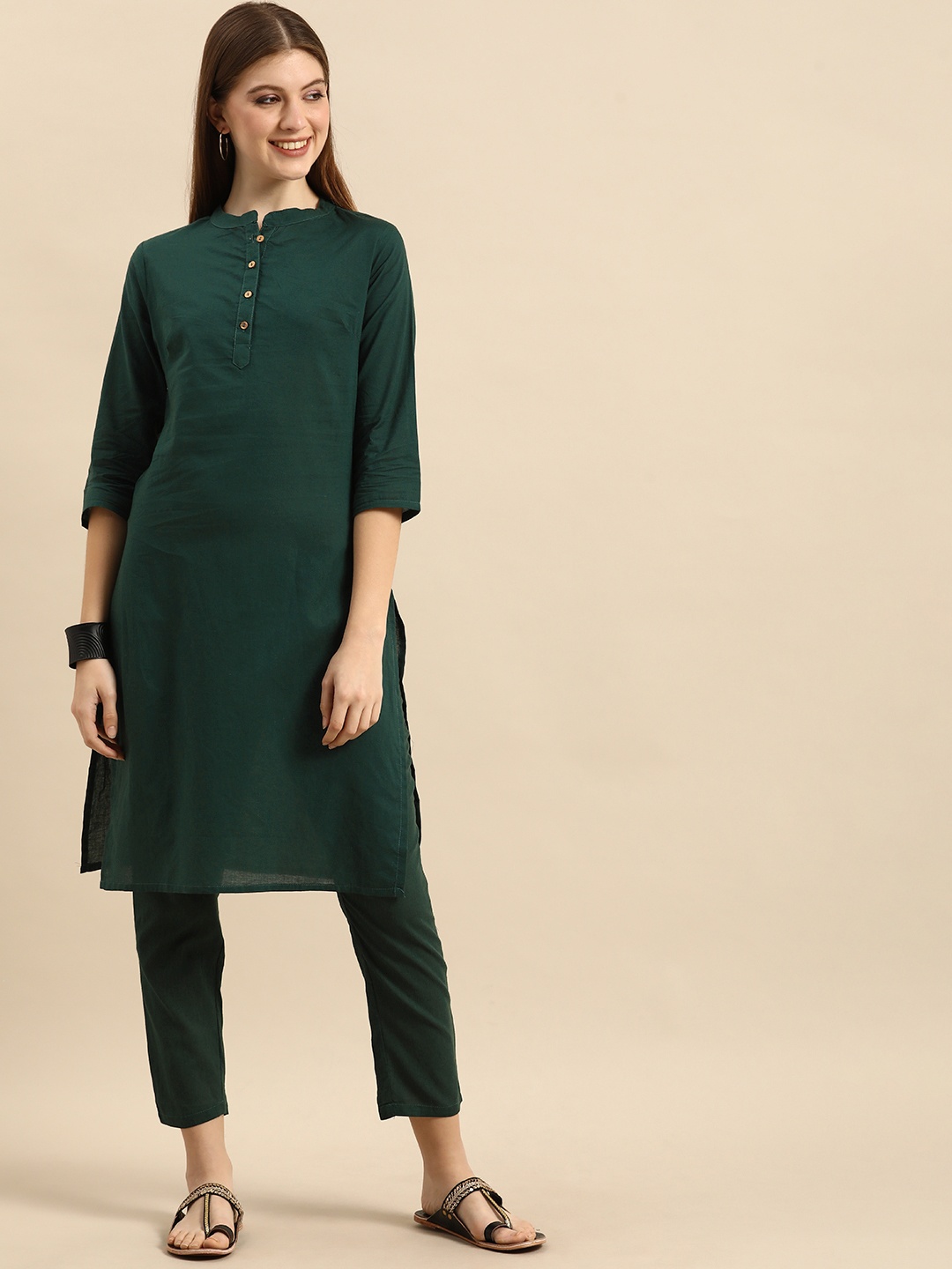 

Anouk Women Green Solid Regular Pure Cotton Kurta with Trousers