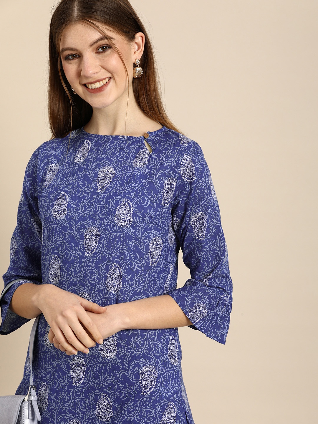 

Anouk Women Blue Ethnic Motifs Printed Regular Pure Cotton Kurta with Trousers