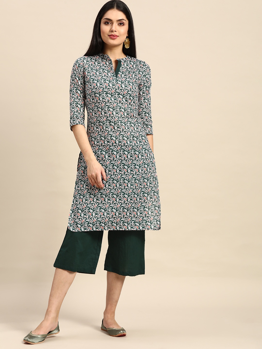 

Anouk Women Green Printed Regular Pure Cotton Kurta with Green Solid Palazzos, White