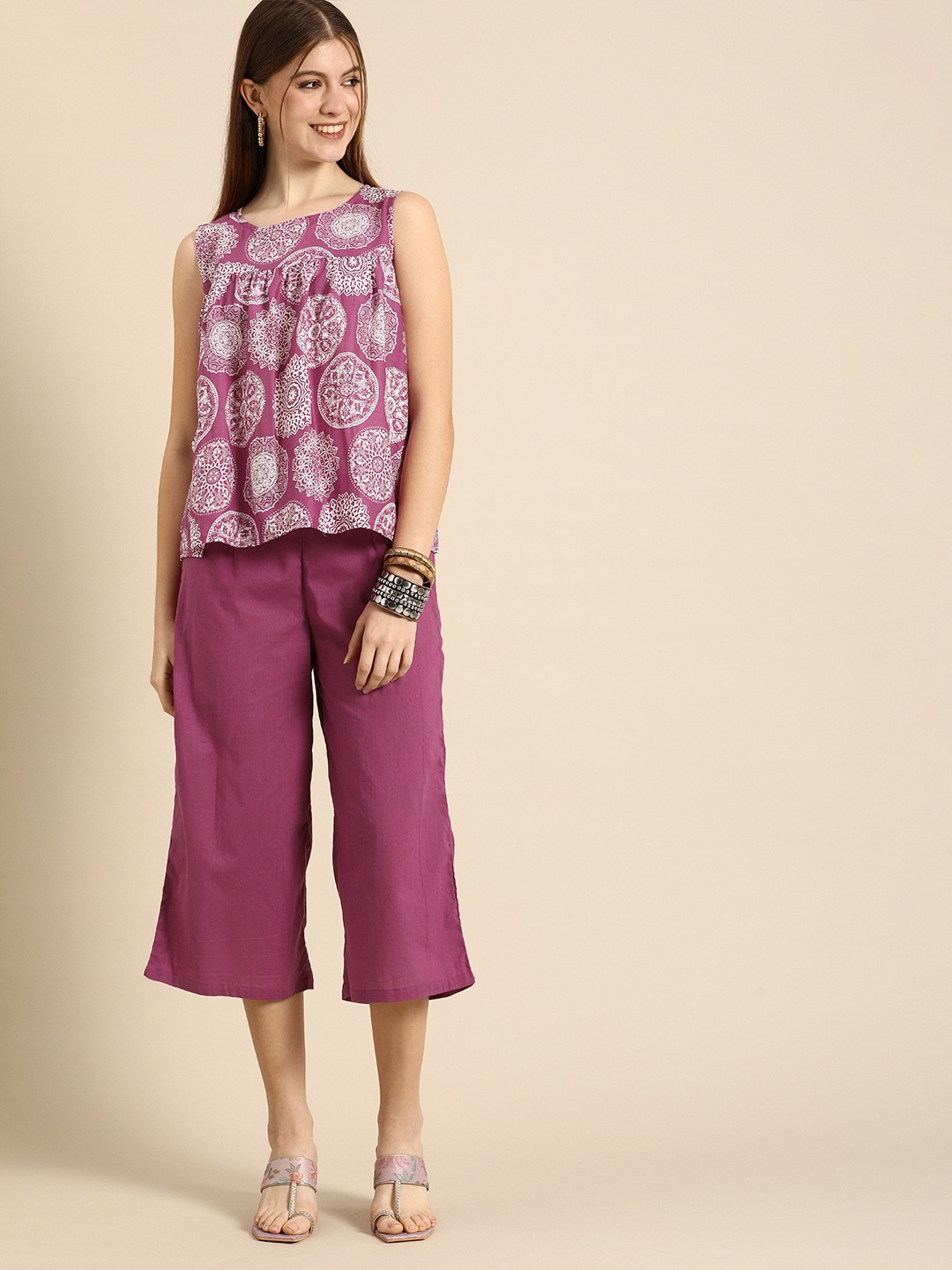 

Anouk Women Purple & White Printed Pleated Pure Cotton Top with Culottes