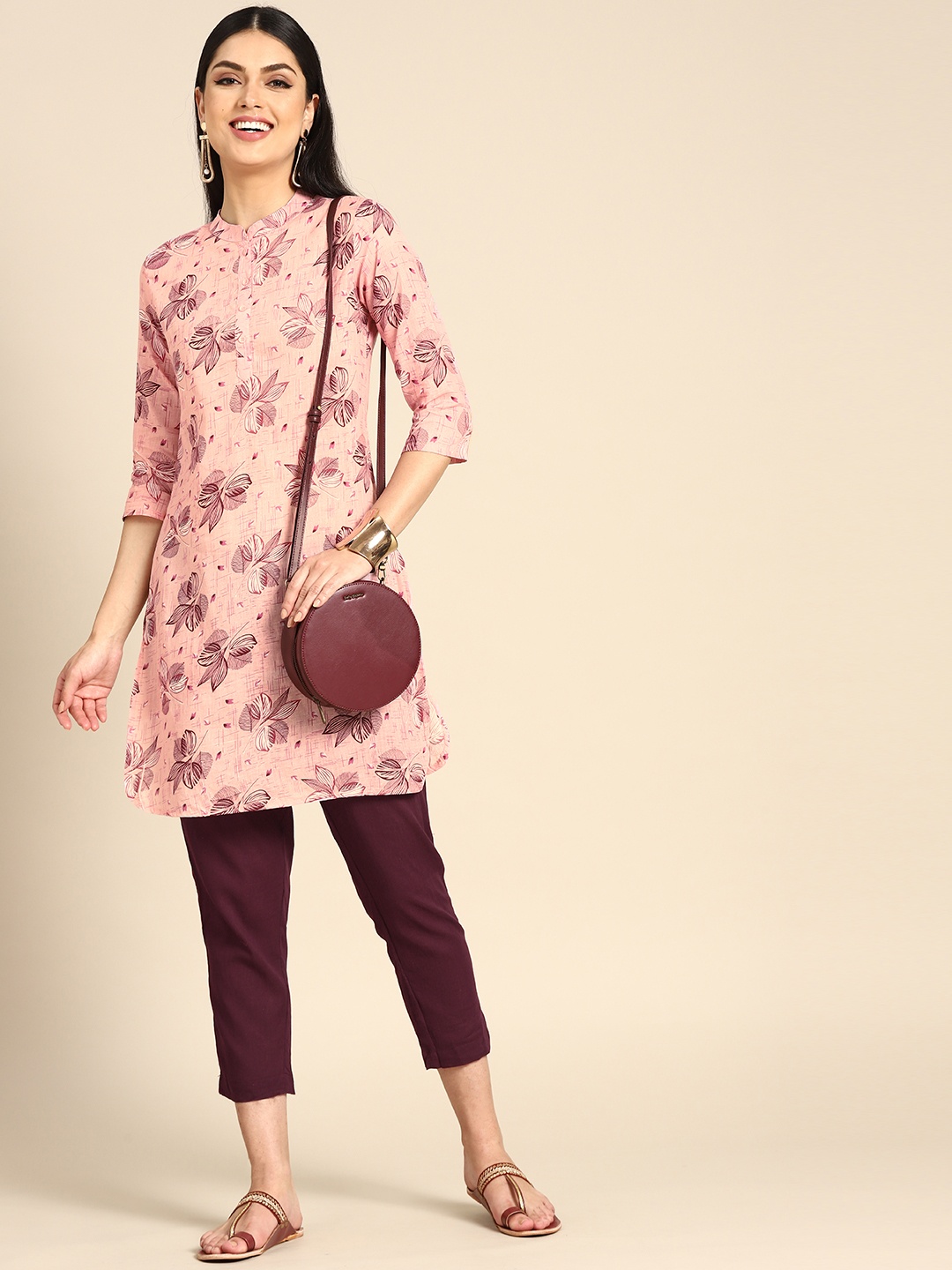 

Anouk Women Pink Floral Printed Regular Pure Cotton Kurta with Trousers