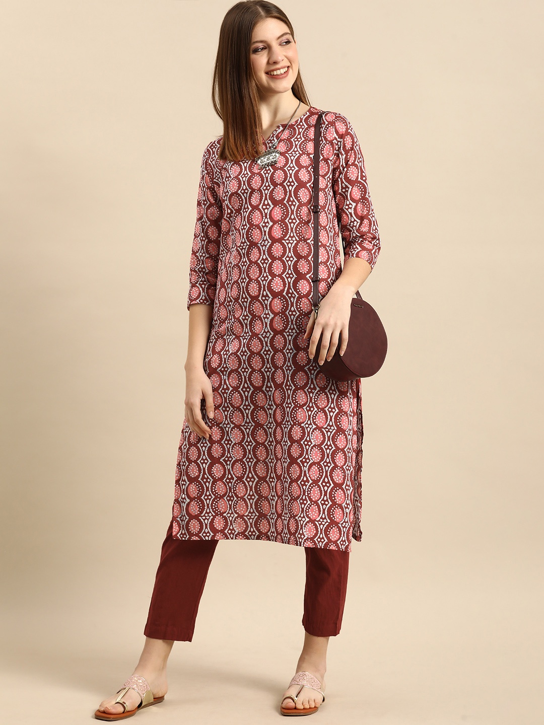 Anouk Women Brown Ethnic Motifs Printed Pure Cotton Kurta with Trousers