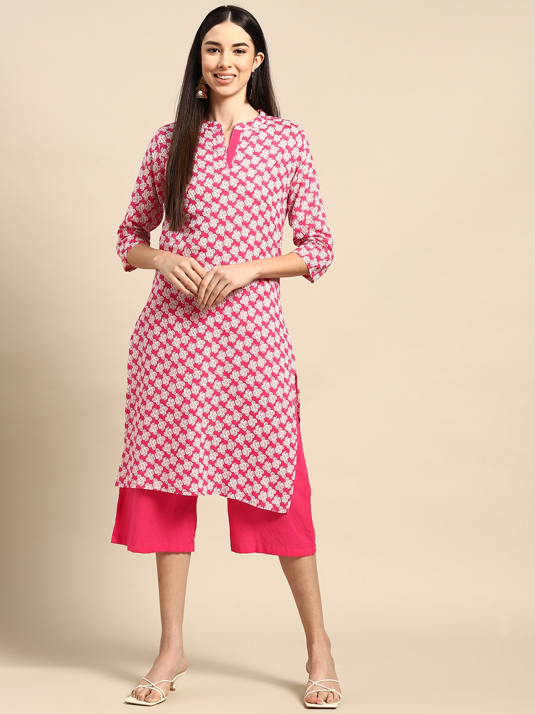 

Anouk Women Pink & White Pure Cotton Floral Print Kurta with Palazzos