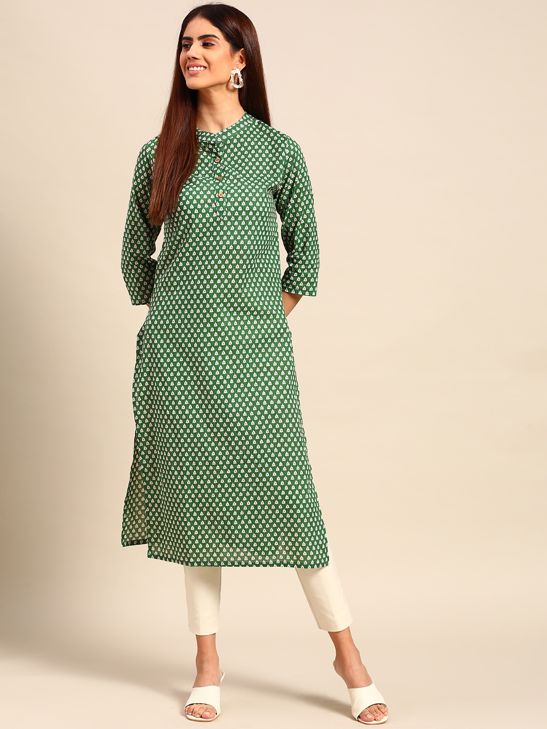 

Anouk Women Green & White Ethnic Motifs Printed Cotton Kurta