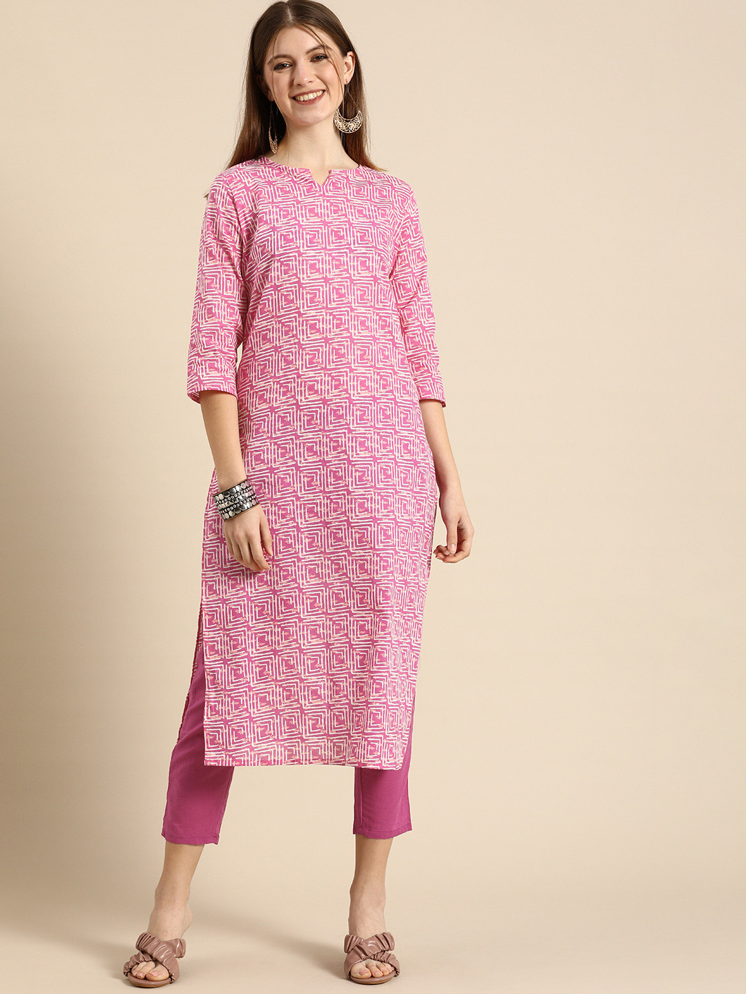 

Anouk Women Pink Printed Regular Pure Cotton Kurta with Trousers