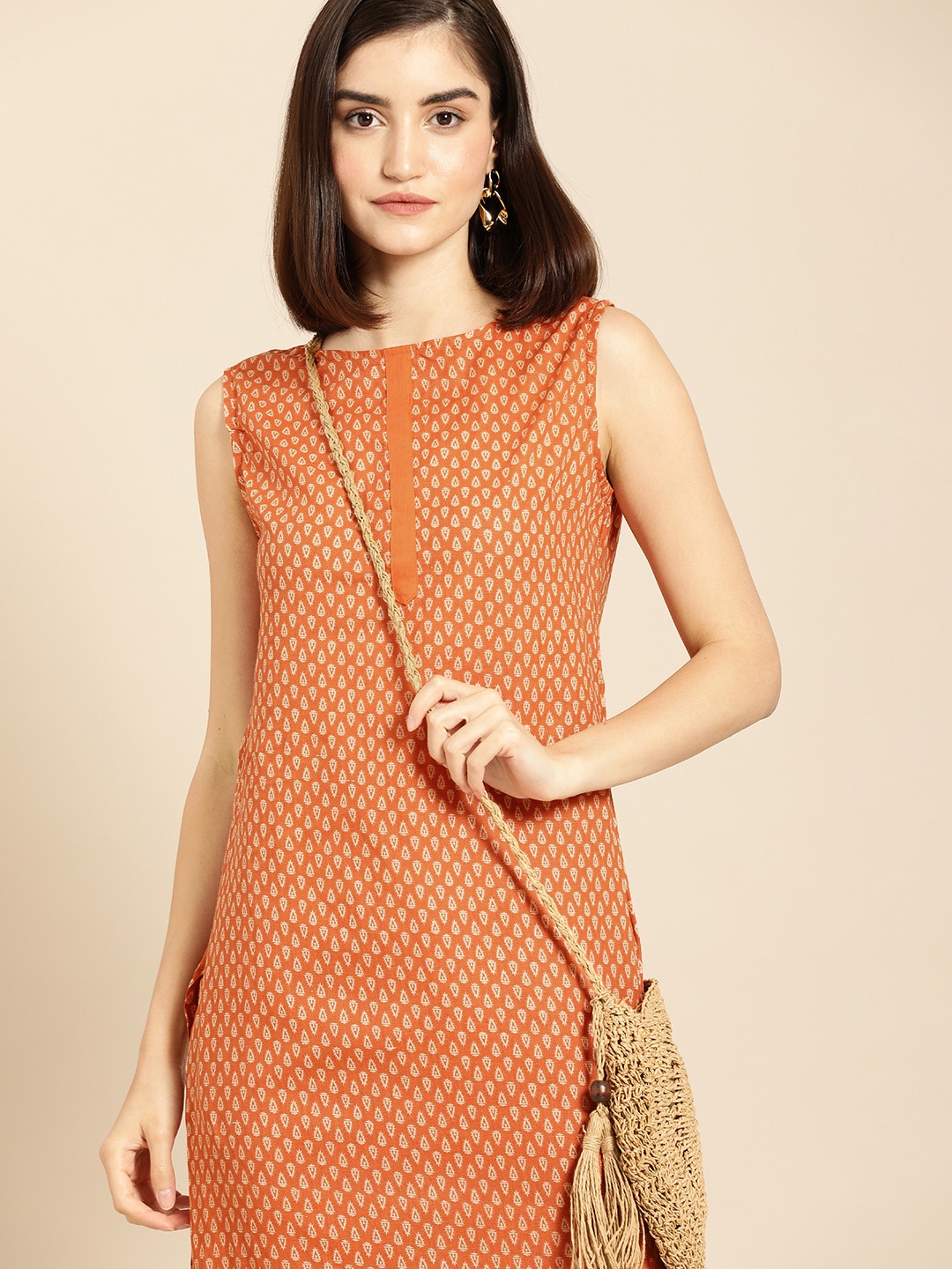 

Anouk Women Orange & Cream- Coloured Printed Regular Pure Cotton Kurta with Trousers