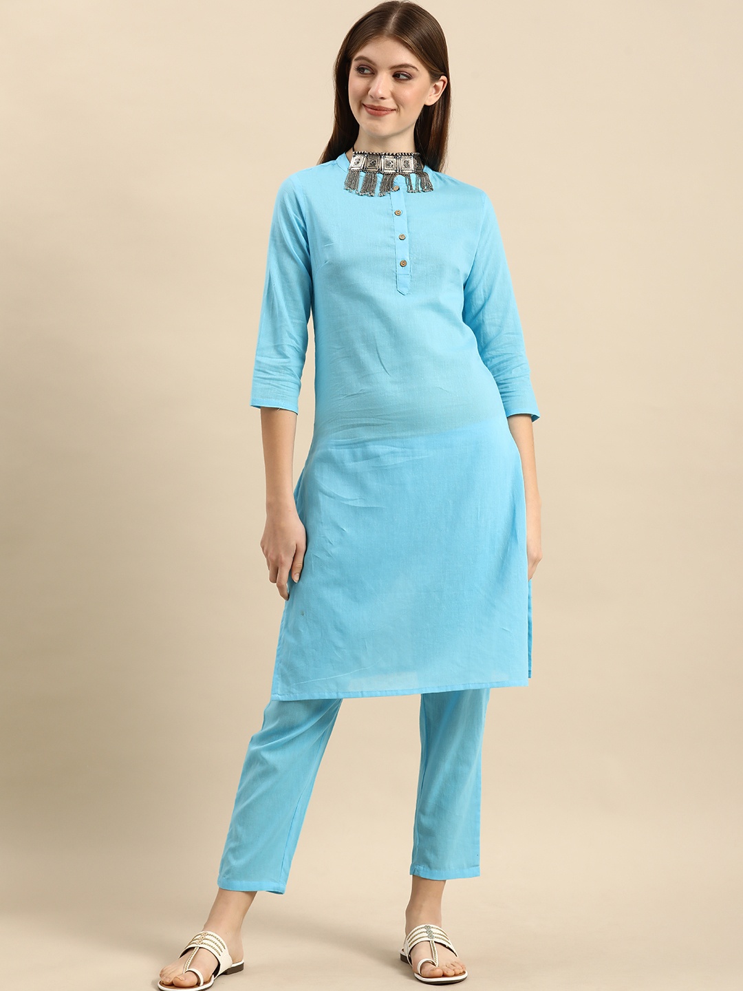 

Anouk Women Blue Solid Regular Pure Cotton Kurta with Trousers