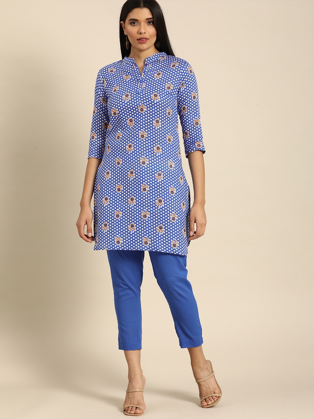 

Anouk Women Blue Ethnic Motifs Printed Regular Pure Cotton Kurta with Trousers