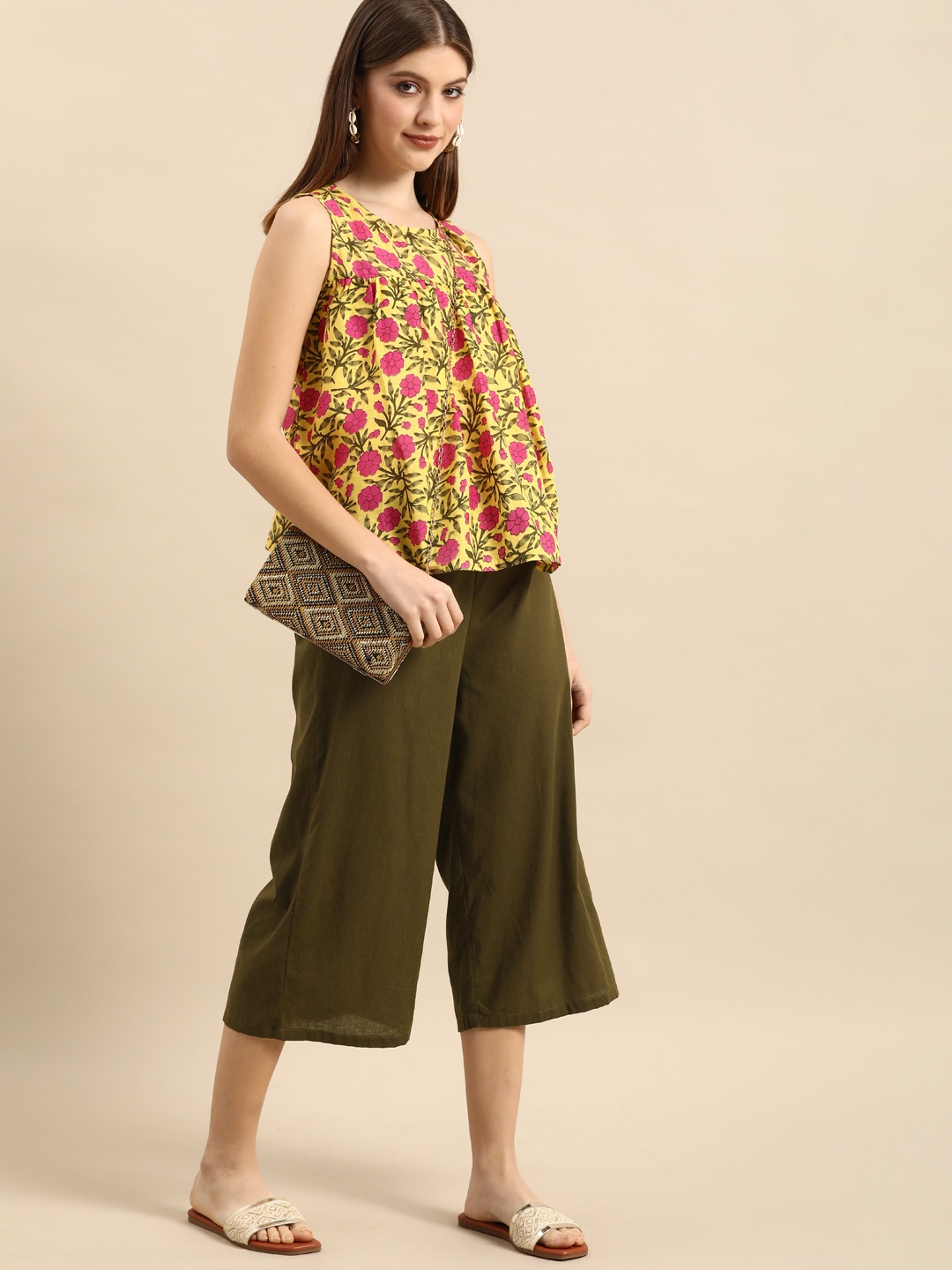 

Anouk Women Yellow & Olive Green Printed Pleated Pure Cotton Kurti with Trousers