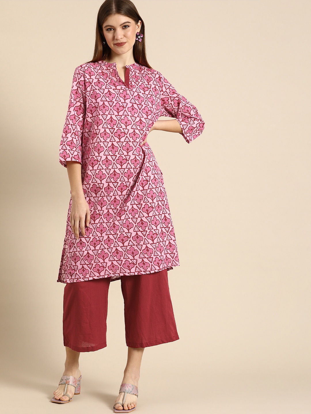 

Anouk Women Pink Printed Regular Pure Cotton Kurta with solid Maroon Culottes