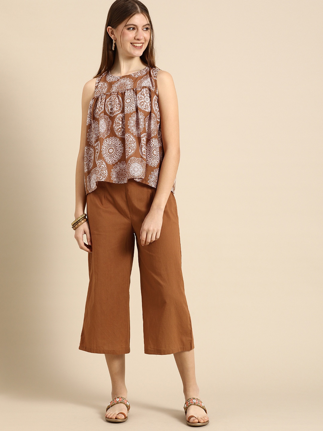 

Anouk Women Brown & White Printed Pleated Pure Cotton Top with Culottes