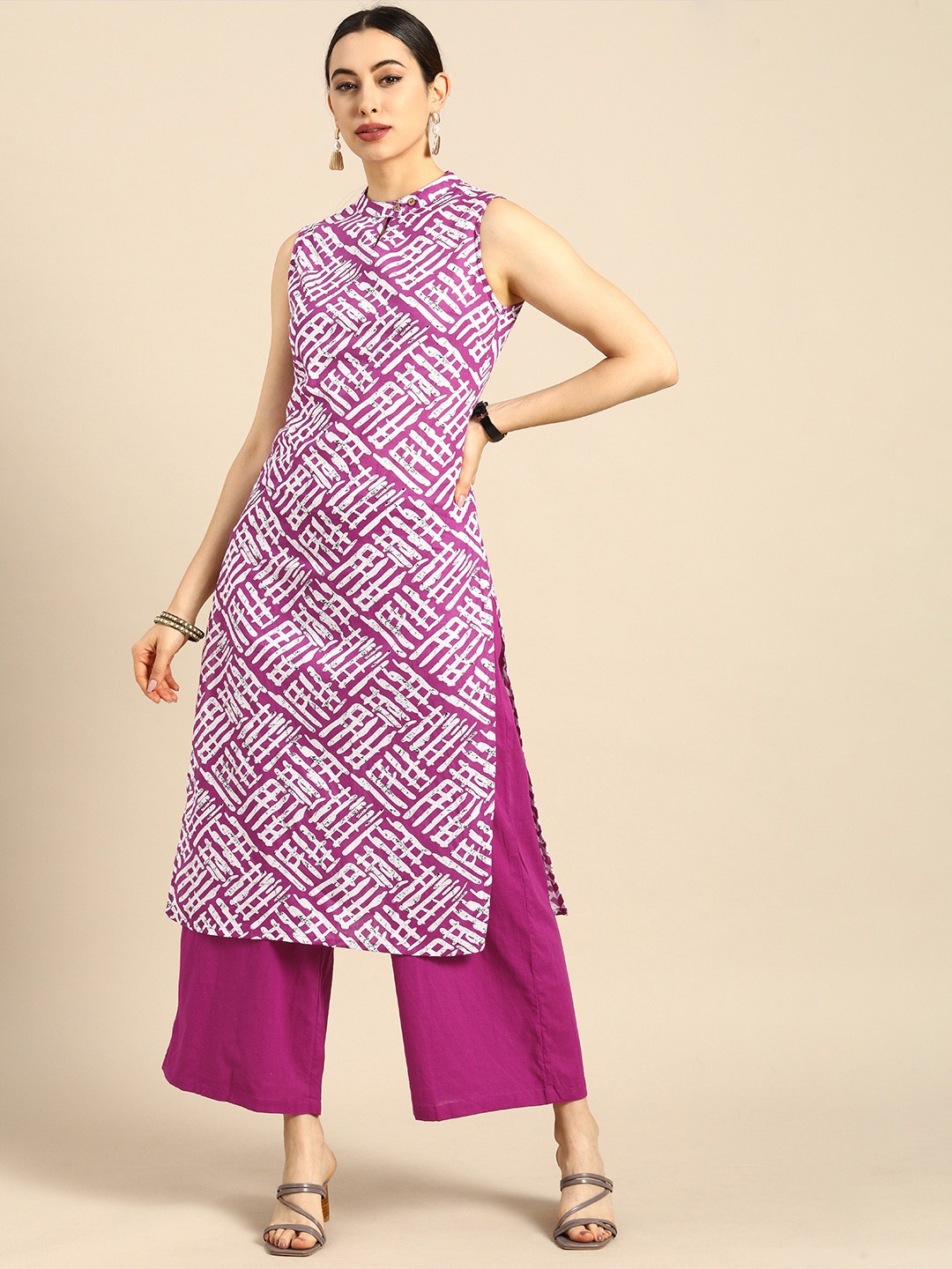 

Anouk Women Purple And White Printed Keyhole-Neckline Pure Cotton Kurta with Palazzo