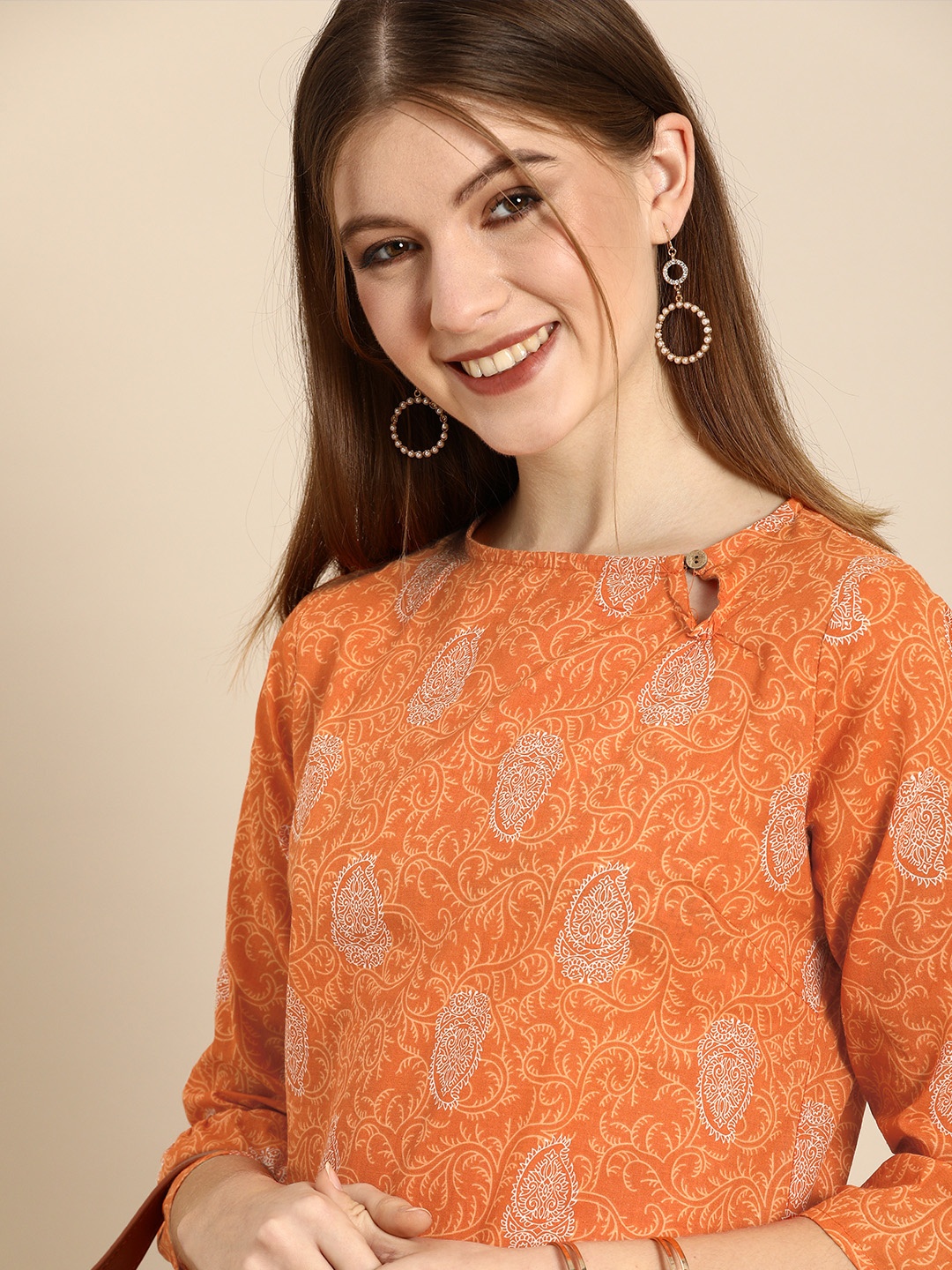 

Anouk Women Orange Ethnic Motifs Printed Regular Pure Cotton Kurta with Trousers