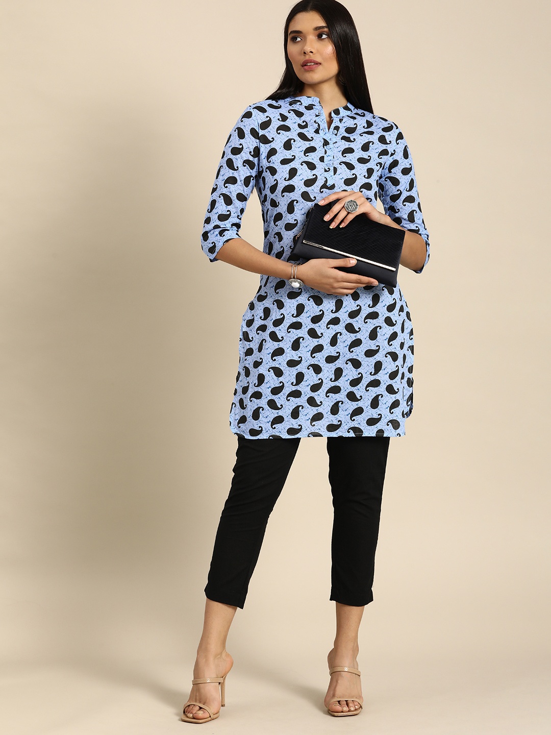 

Anouk Women Blue & Black Paisley Printed Regular Pure Cotton Kurta with Trousers