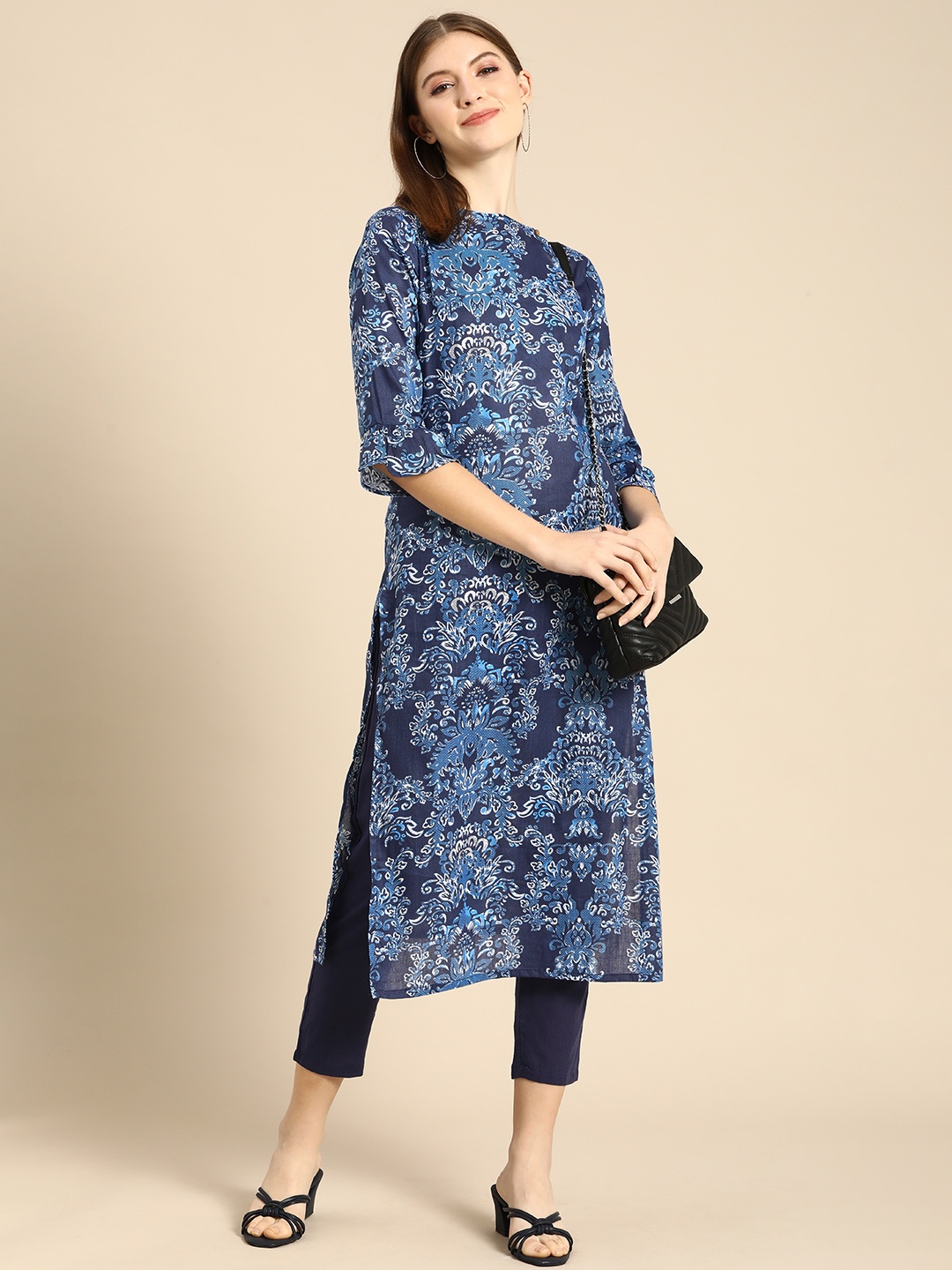 

Anouk Women Navy Blue & White Ethnic Motifs Printed Pure Cotton Kurta with Trousers