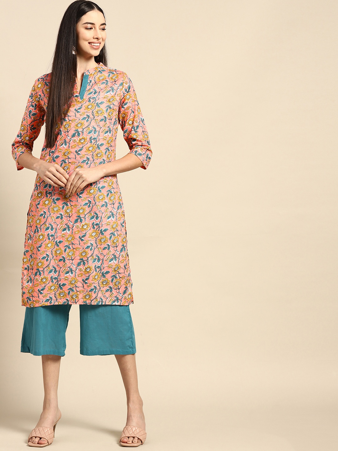 

Anouk Women Peach-Coloured & Teal Blue Ethnic Printed Pure Cotton Kurta with Culottes