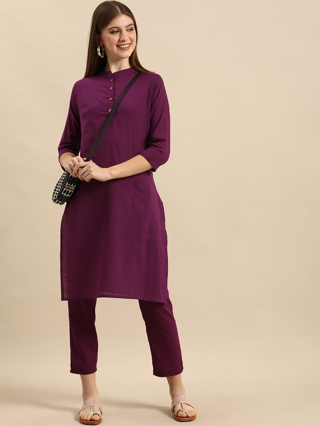 

Anouk Women Purple Solid Regular Pure Cotton Kurta with Trousers
