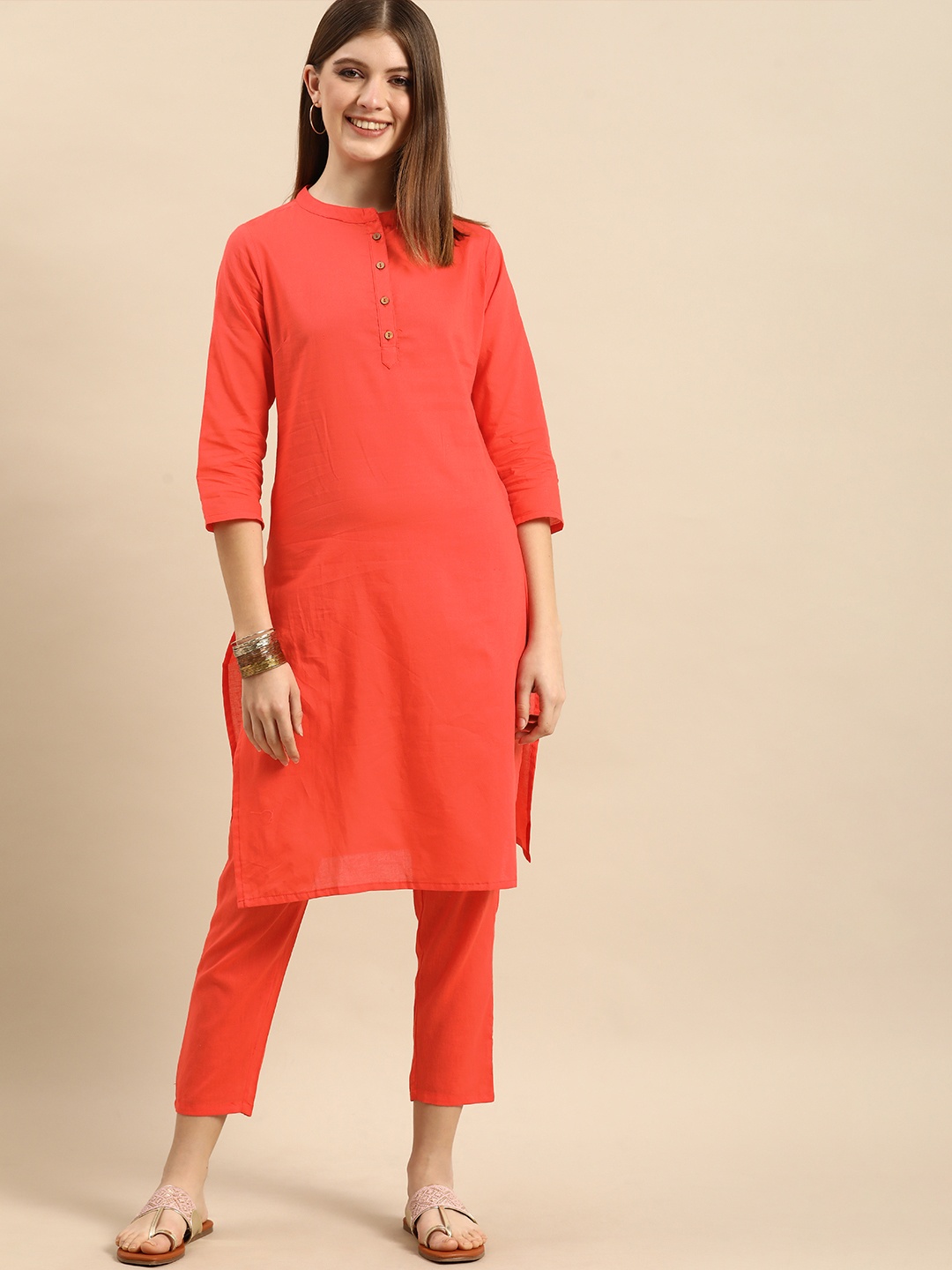 Anouk Women Orange Solid Regular Pure Cotton Kurta with Trousers