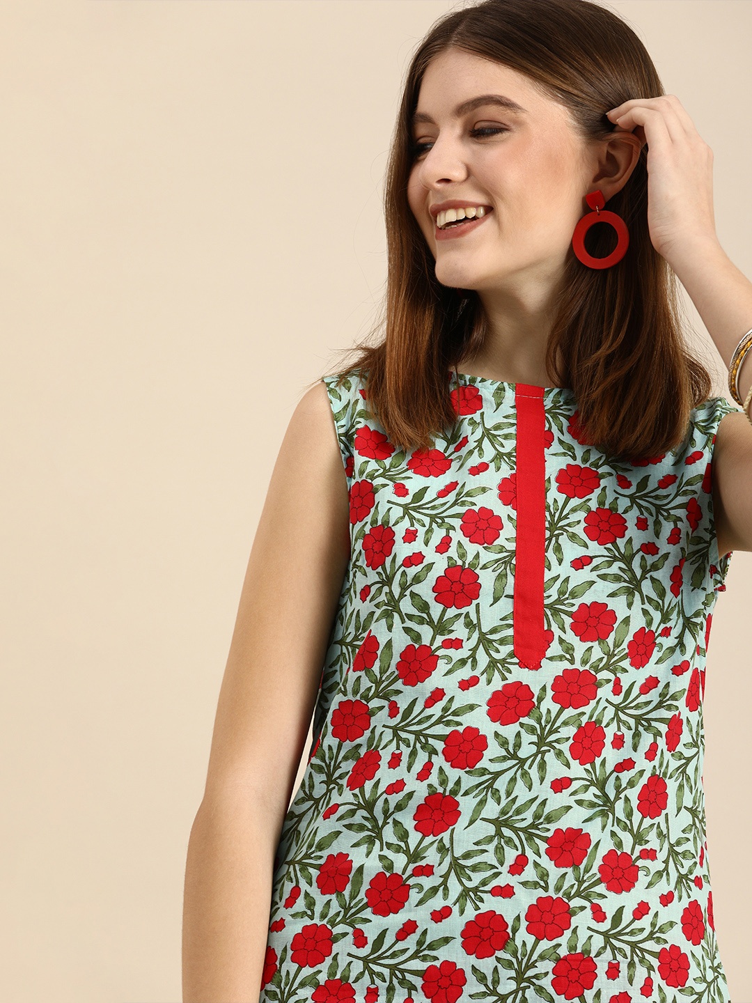 

Anouk Women Green And Red Floral Printed Regular Pure Cotton Kurta with Trousers