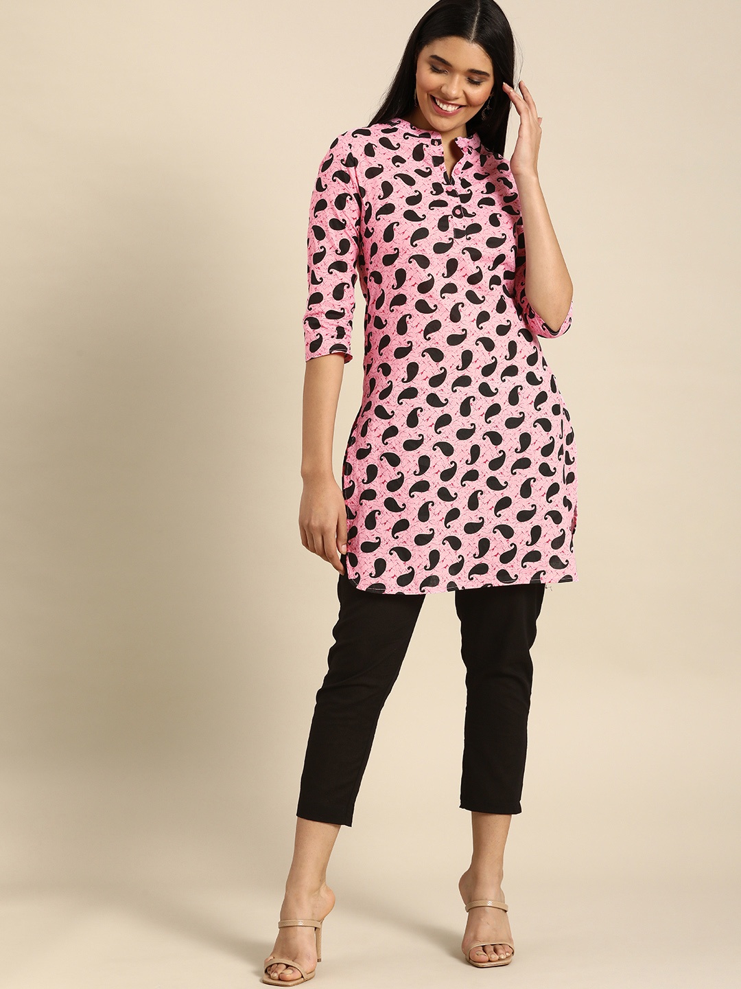 

Anouk Women Pink & Black Paisley Printed Regular Pure Cotton Kurta with Trousers