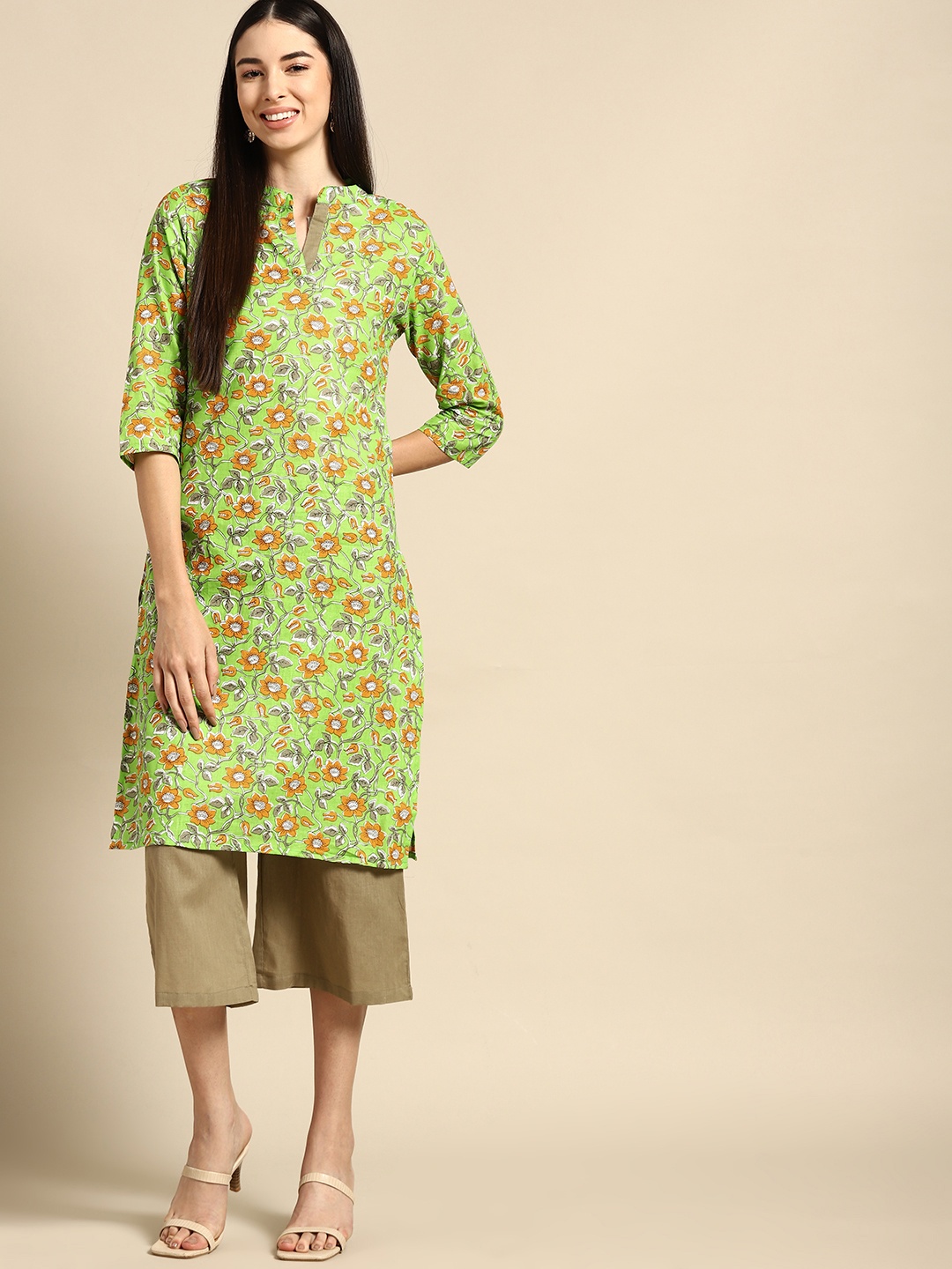 

Anouk Women Green & Beige Ethnic Motifs Printed Pure Cotton Kurta with Culottes