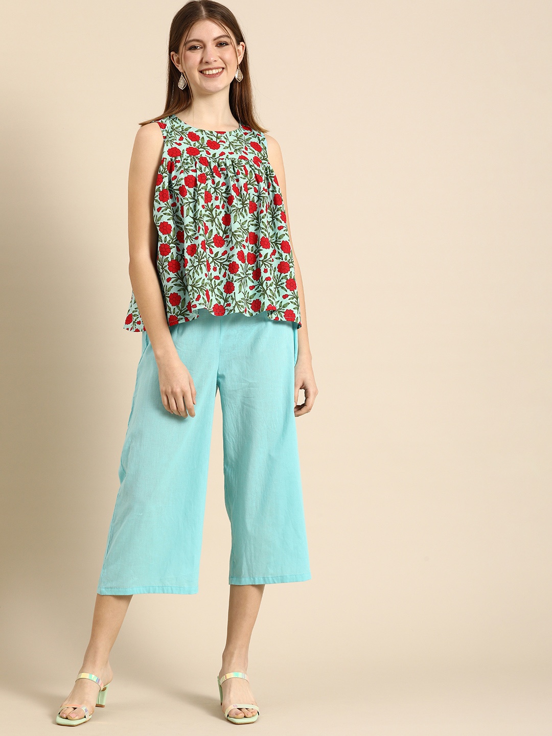 

Anouk Women Blue & Red Floral Printed Pleated Pure Cotton Top with Culottes