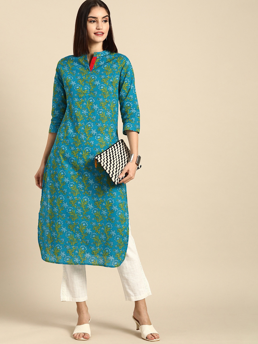 

Anouk Women Sky Blue & Yellow Ethnic Motifs Printed Mandarin-Collar Kurta