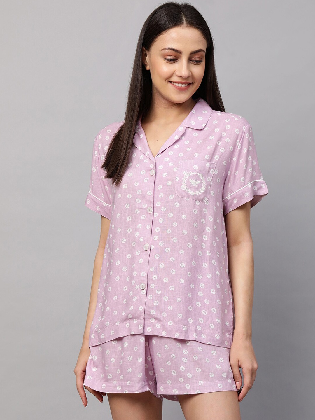 

Chemistry Women Lavender & White Printed Night suit