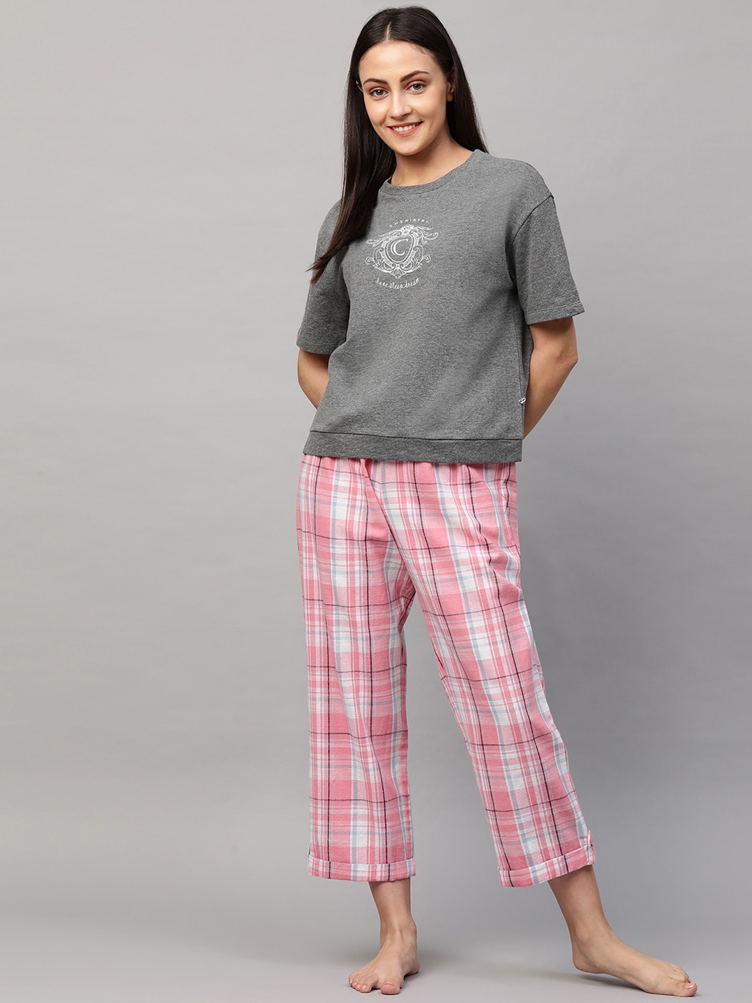 

Chemistry Women Grey & Pink Printed Night suit