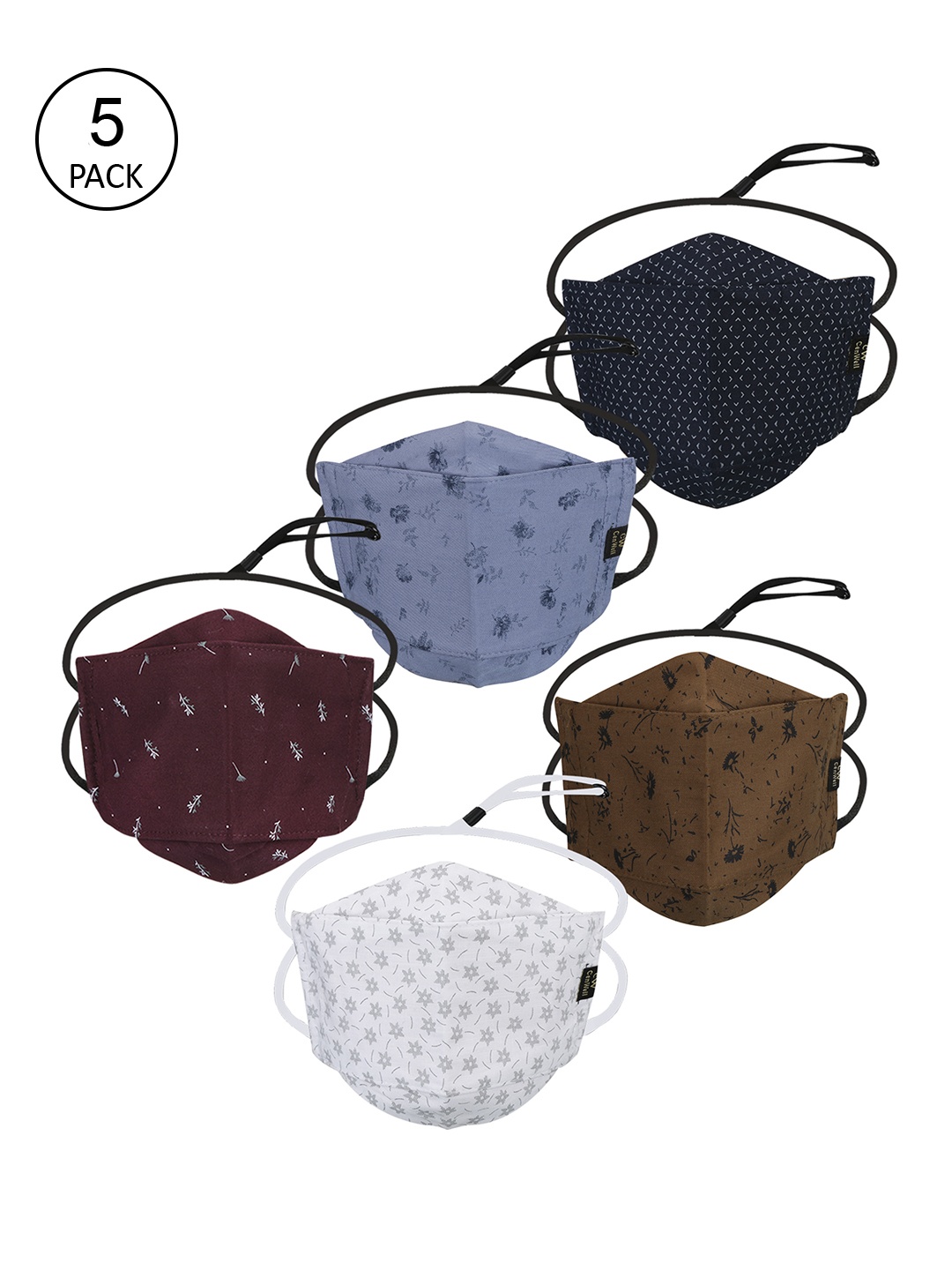 

CENWELL Unisex Pack Of 5 Printed 6-Ply Pure Cotton Reusable 3D Cloth Headloop Masks, Navy blue