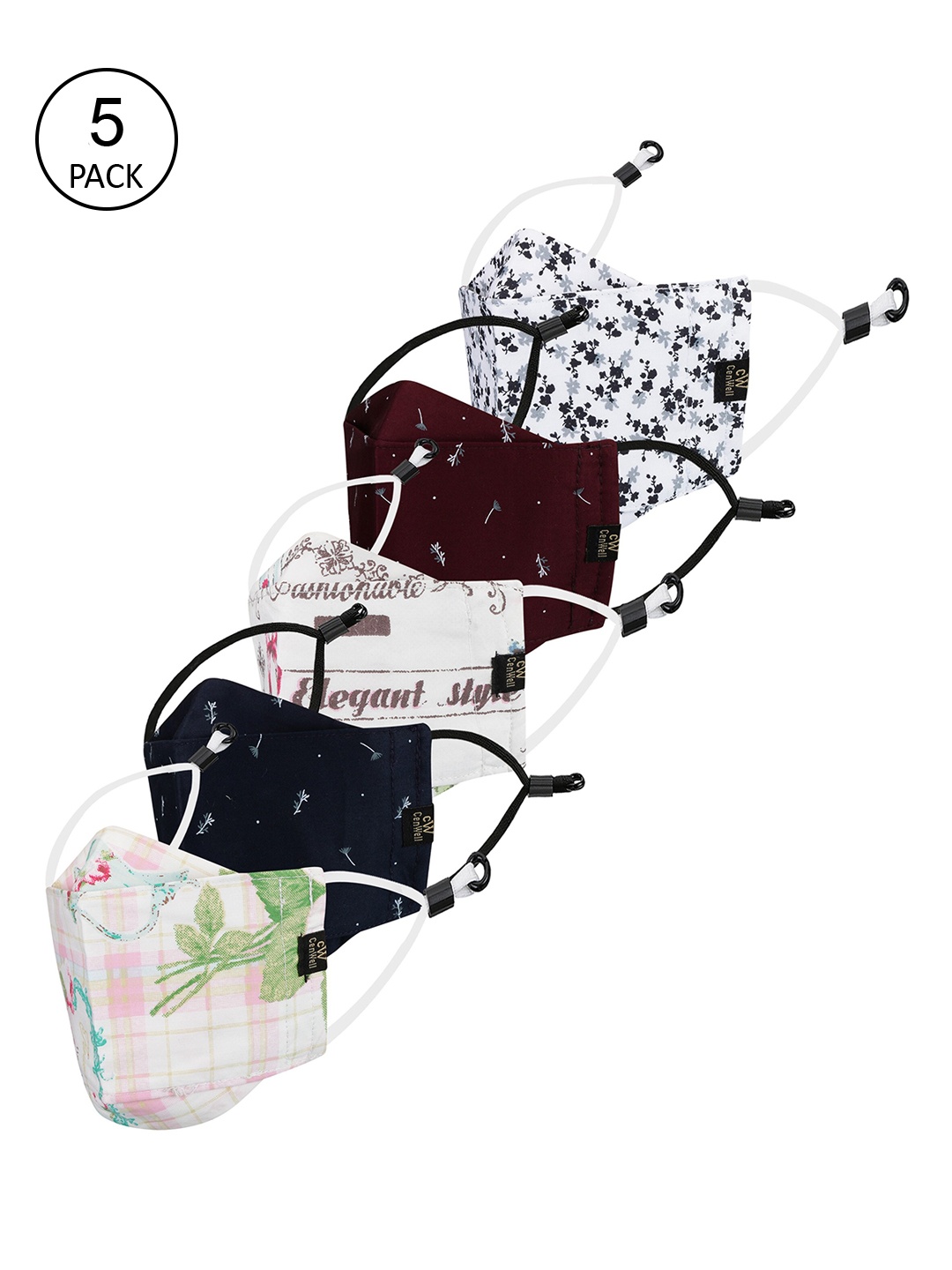 

CENWELL Unisex Pack Of 5 Printed 6-Ply Pure Cotton Reusable 3D Cloth Masks, White