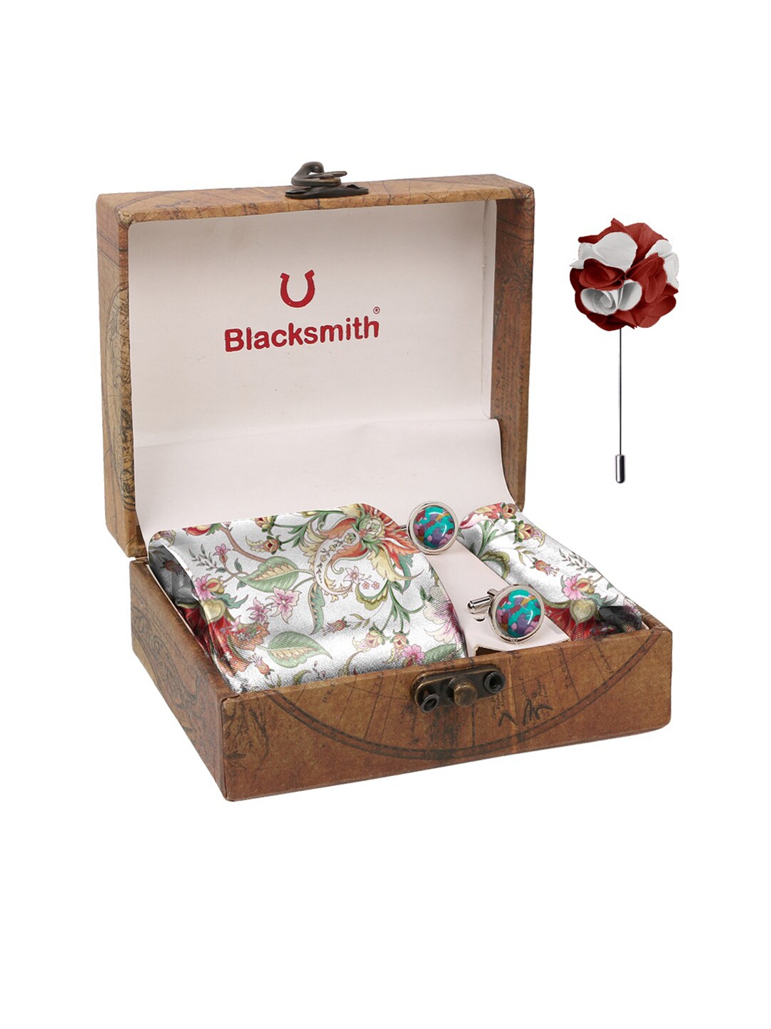 

Blacksmith Men White & Green Floral Printed Pure Satin Accessory Gift Set