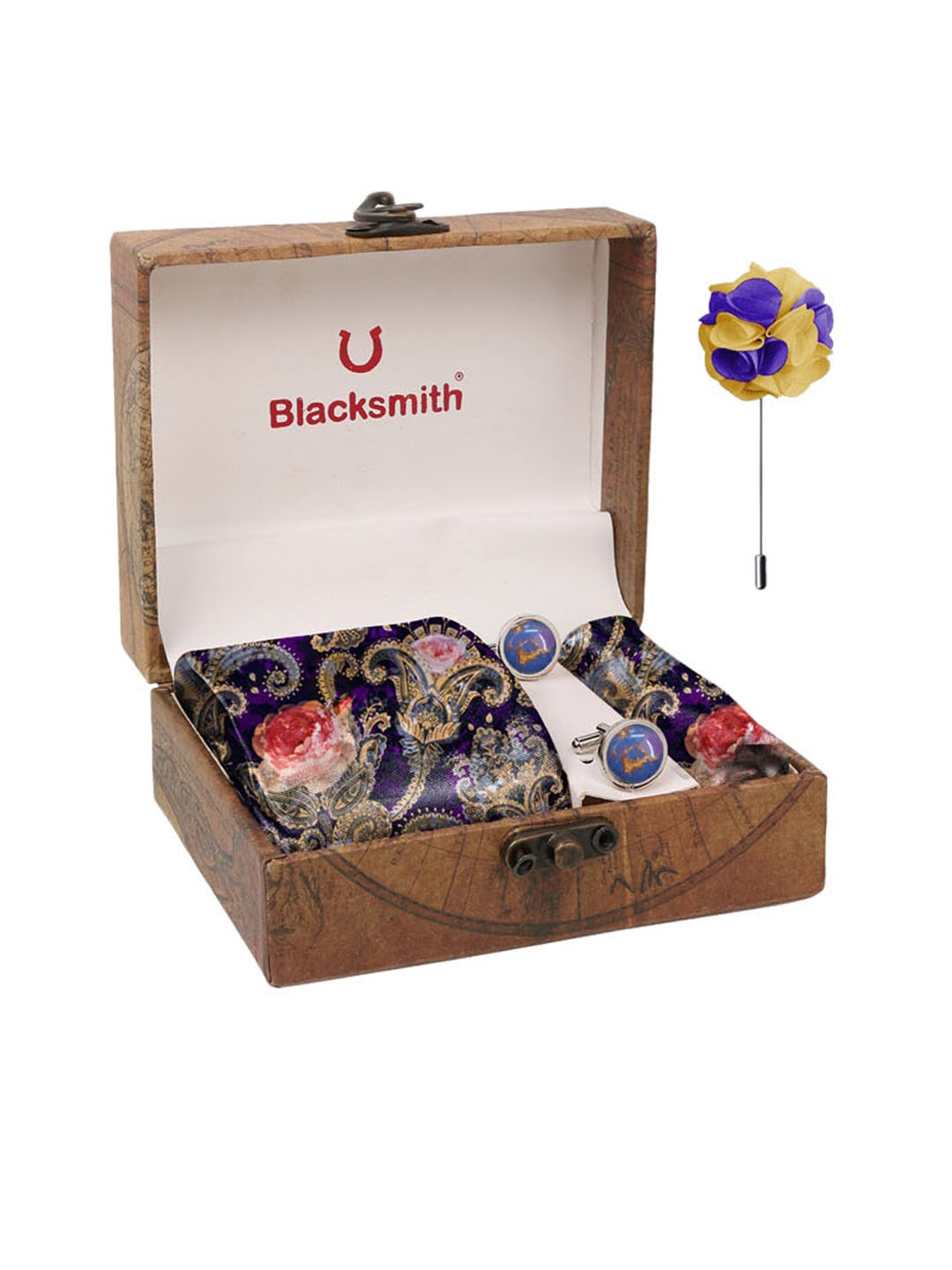

Blacksmith Men Purple & Yellow Rose Flower Printed Pure Satin Accessory Gift Set