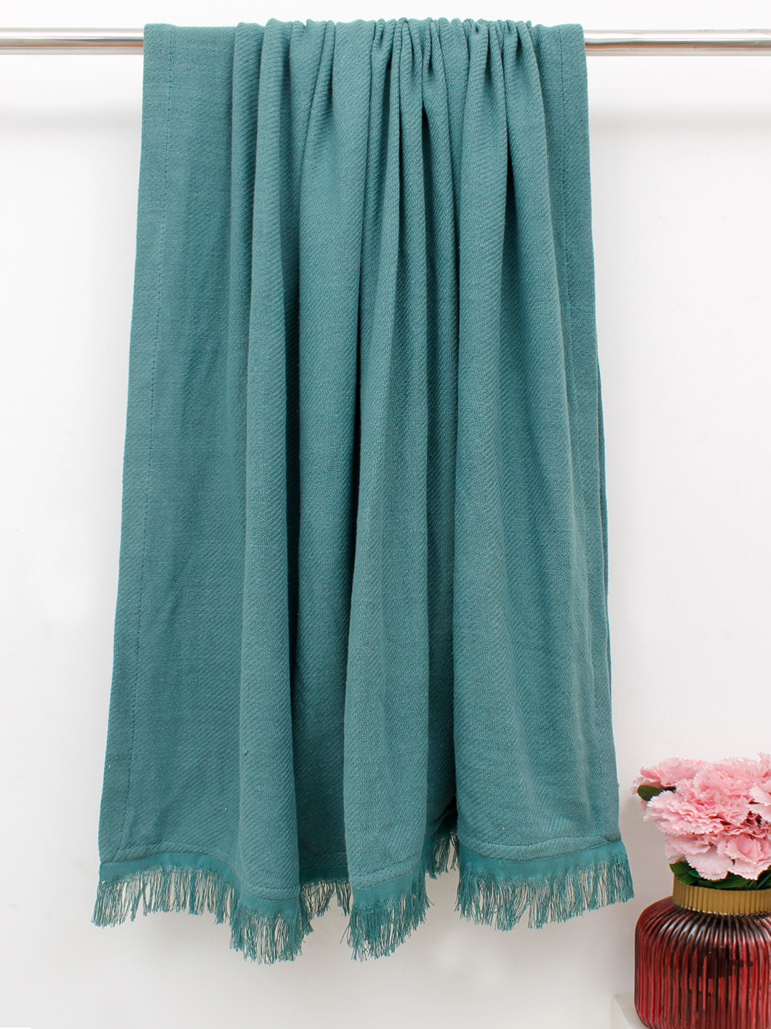 

AVI Living Teal-Blue Waffle Weave Fringe 520 GSM Pure Cotton Throw
