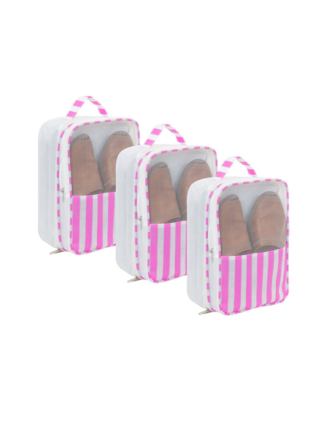 

prettykrafts Set Of 3 Pink & White Striped Shoe Organisers
