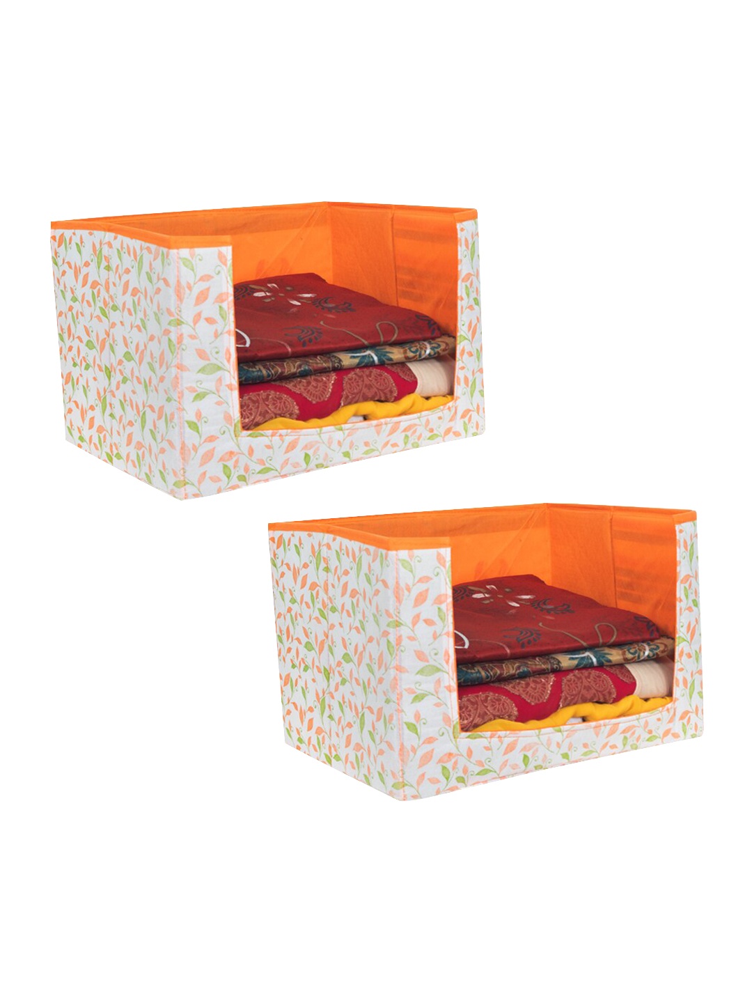 

prettykrafts Set Of 2 Orange & White Leaf Printed Foldable Rectangle Saree Stacker Organisers