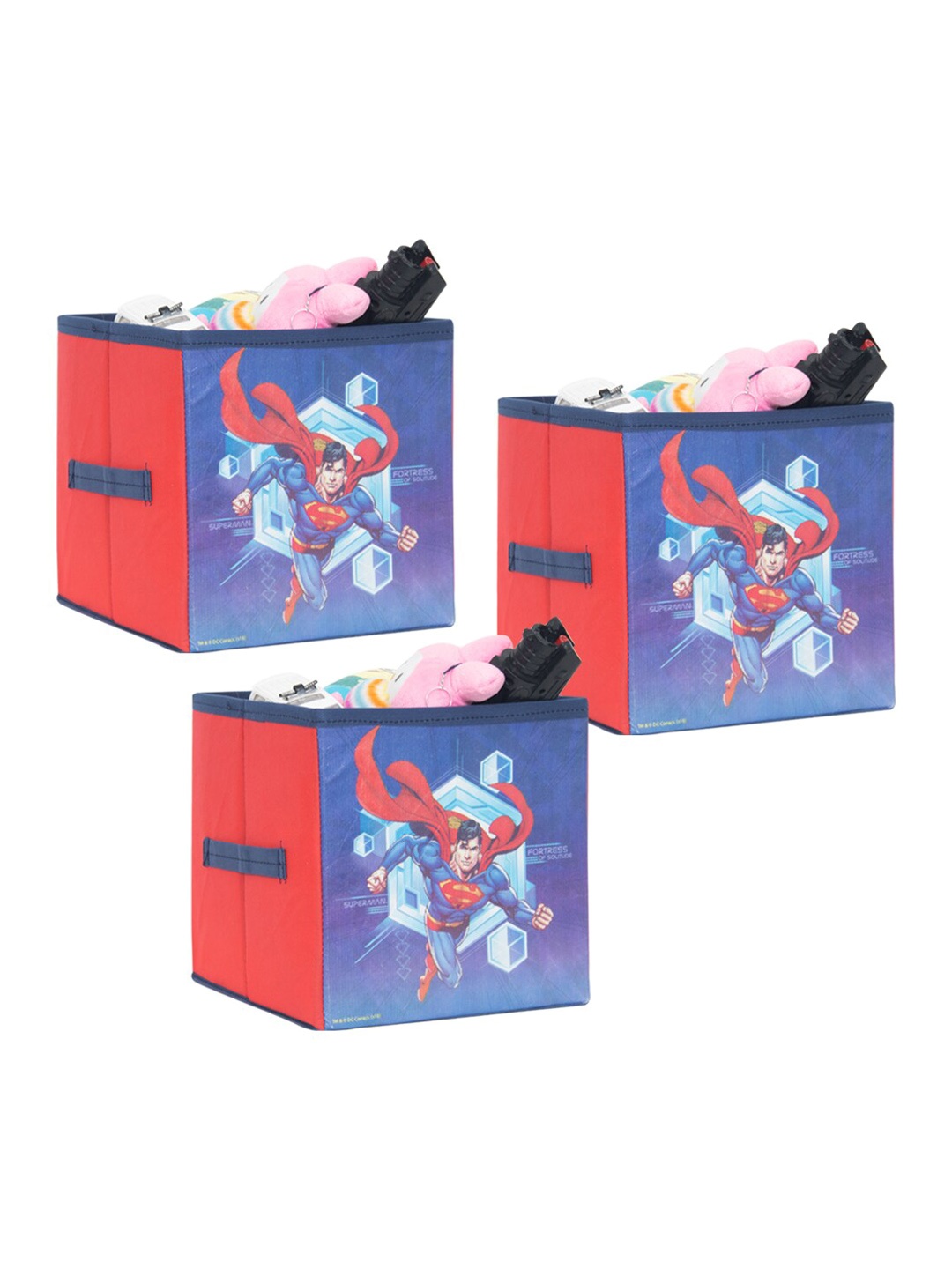 

prettykrafts Red & Blue Set of 3 Superman Printed Foldable Toys Organizer Storage Box