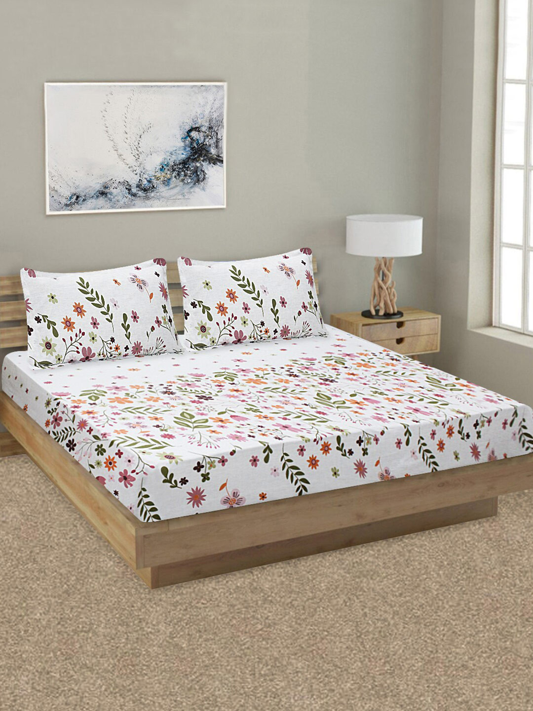 

Good Homes by Home Candy White & Green Floral 144 TC Queen Bedsheet with 2 Pillow Covers