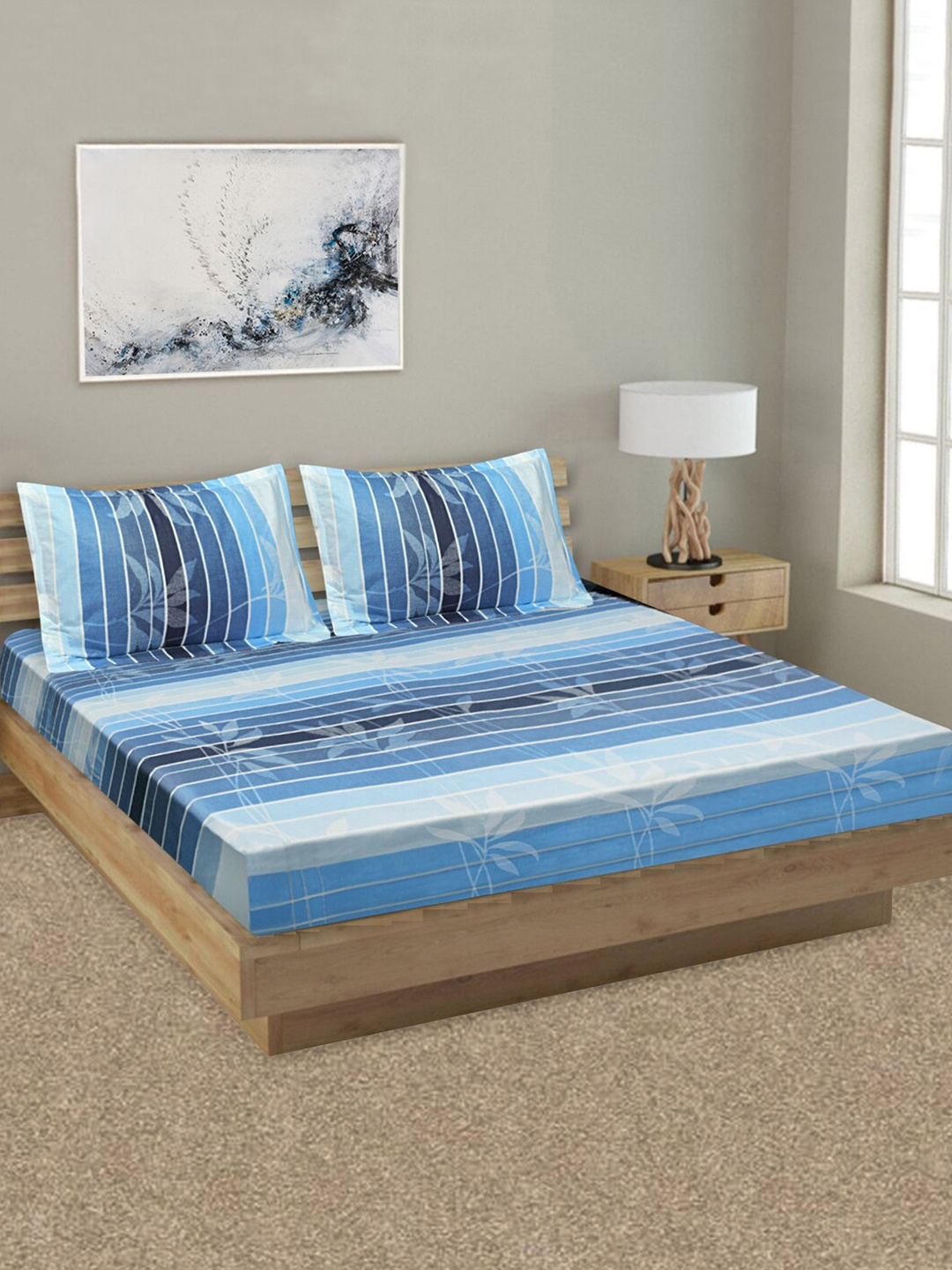 

Good Homes by Home Candy Blue & Off White Striped 144 TC Queen Bedsheet with 2 Pillow Covers