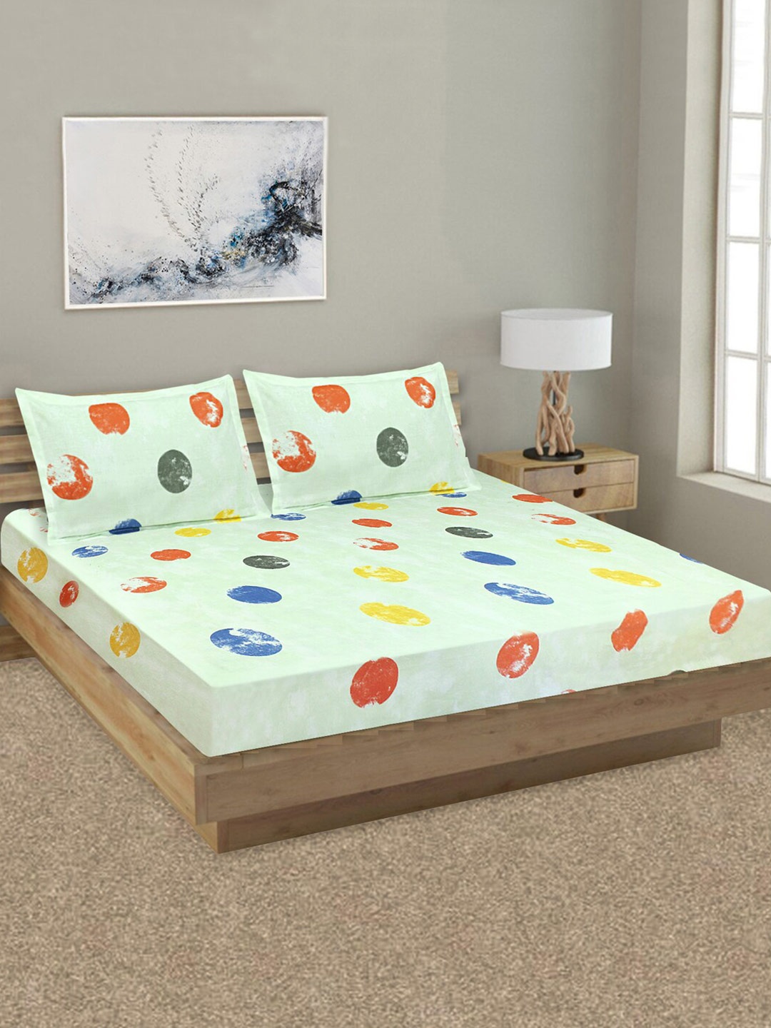 

Good Homes by Home Candy Green & Red Geometric 144 TC Queen Bedsheet with 2 Pillow Covers
