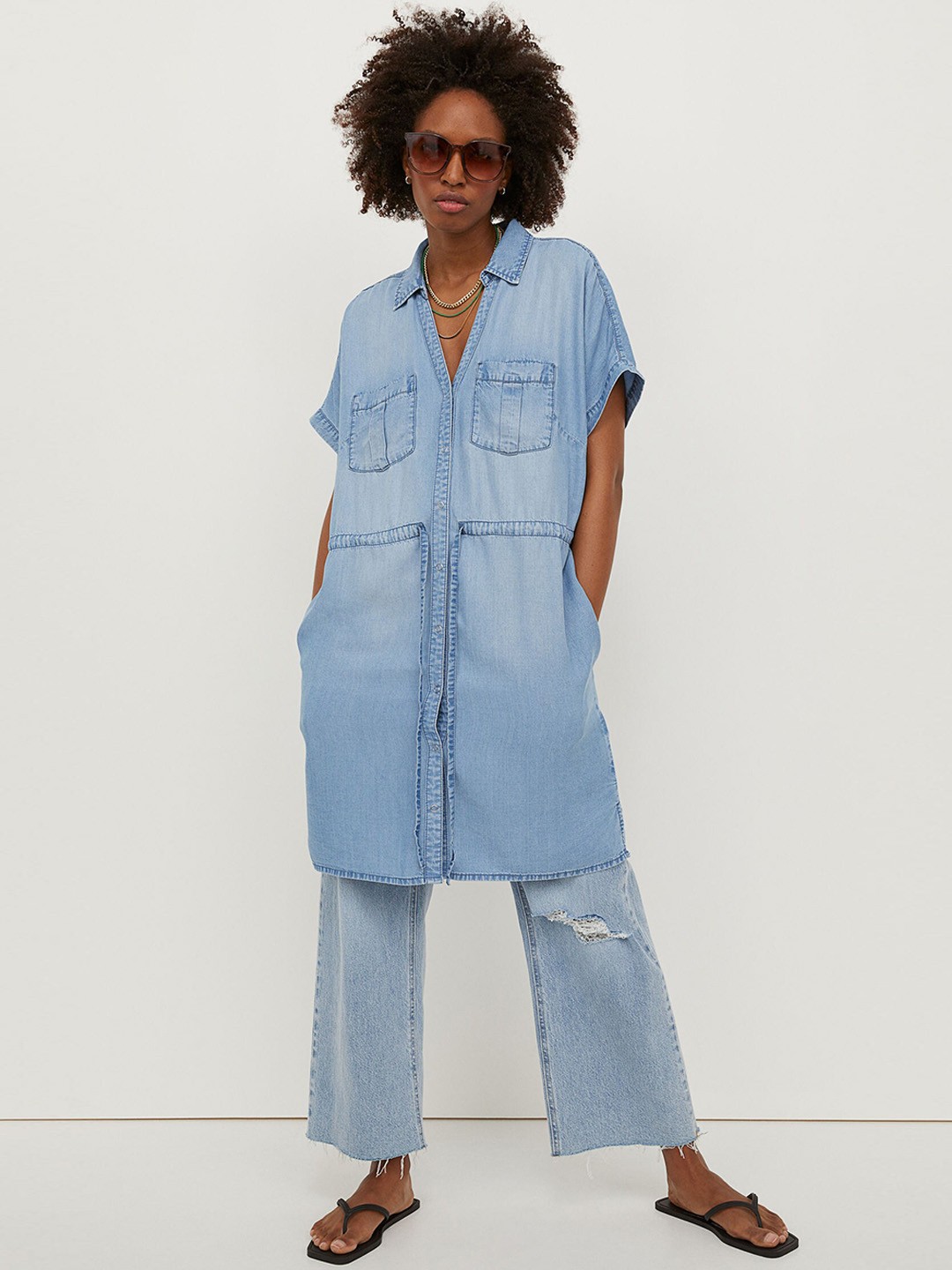 

H&M Women Blue Solid Pockets Gathers Tie-up Lyocell Shirt Dress
