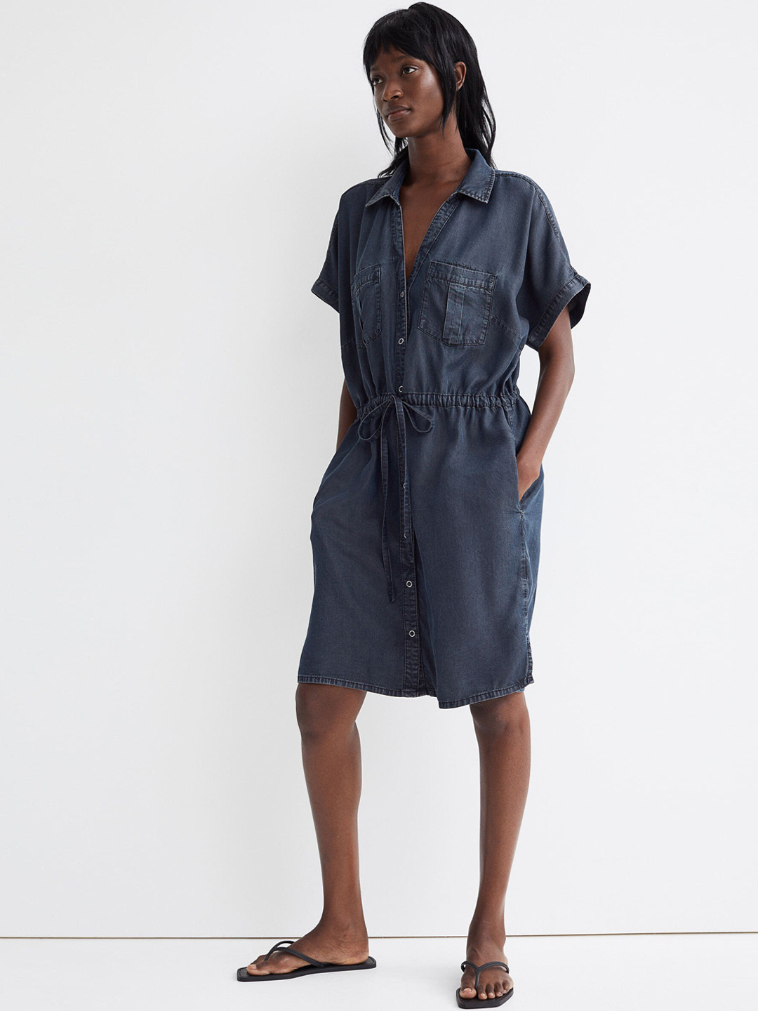 

H&M Women Navy Blue Solid Pockets Gathered Lyocell Shirt Dress